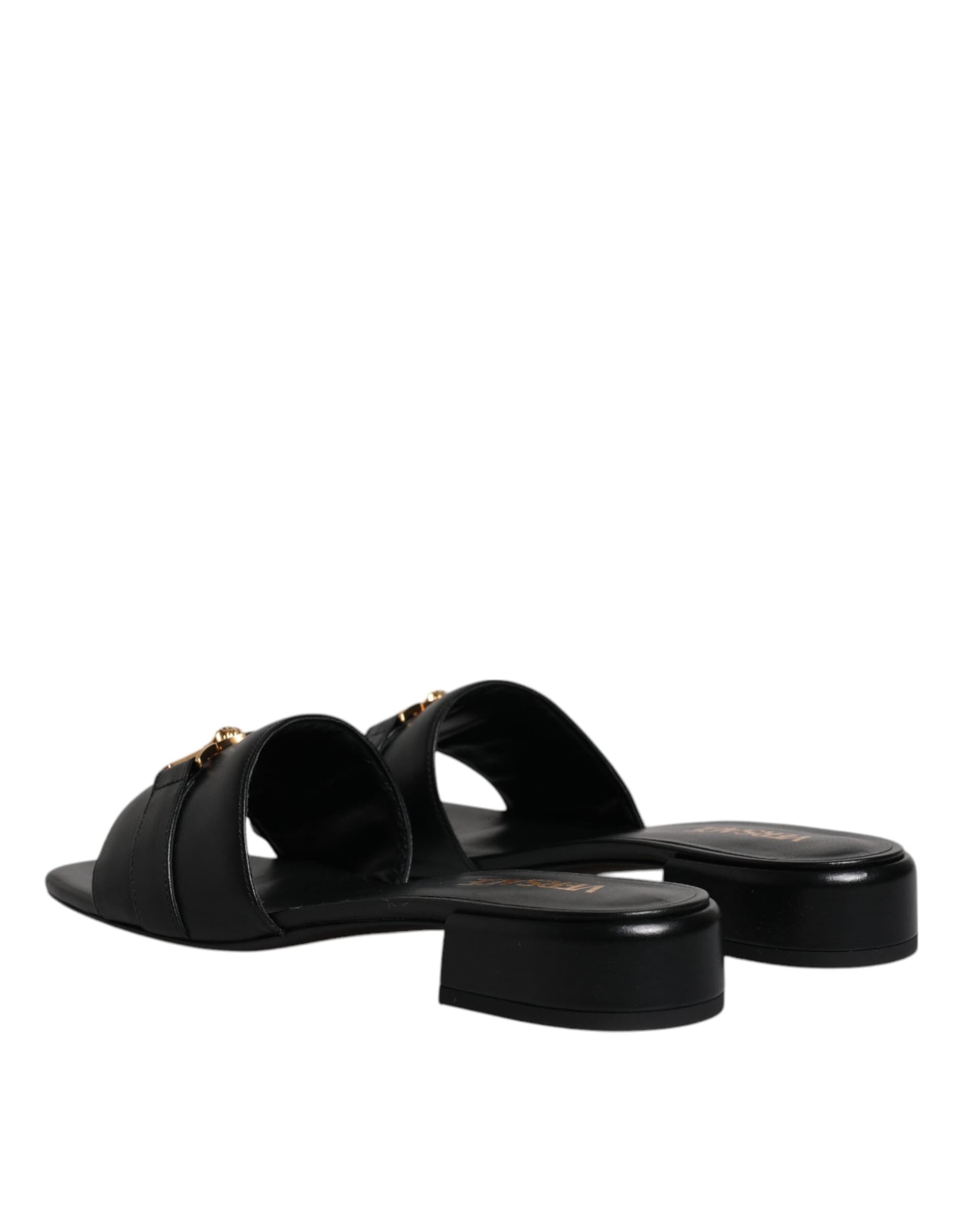 Versace Black Leather Logo Plaque Slip On Slides Flats Shoes - 4