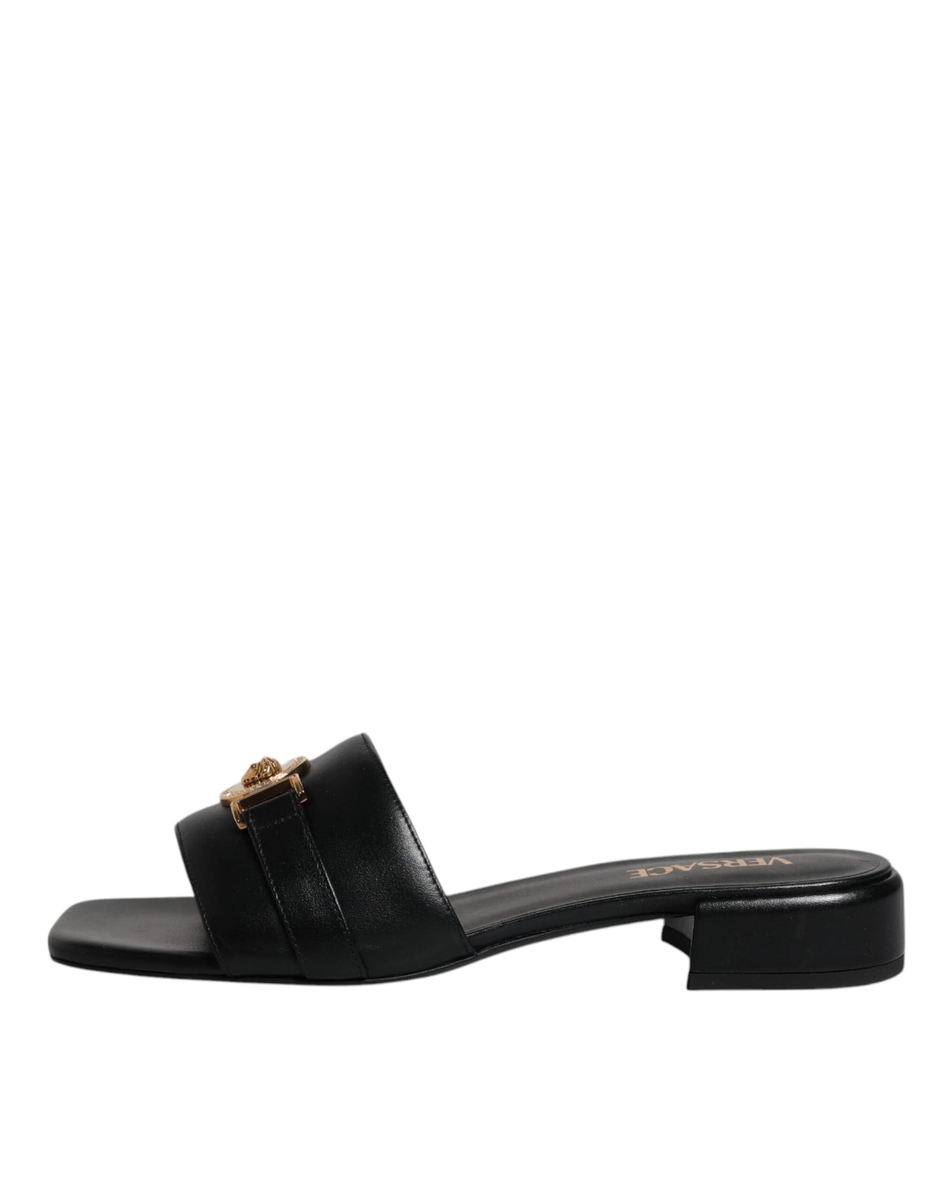Versace Black Leather Logo Plaque Slip On Slides Flats Shoes - 5
