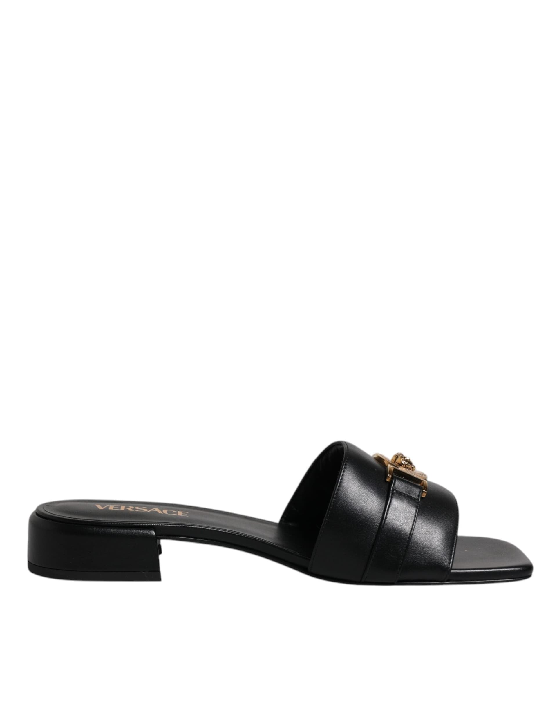 Versace Black Leather Logo Plaque Slip On Slides Flats Shoes - 6
