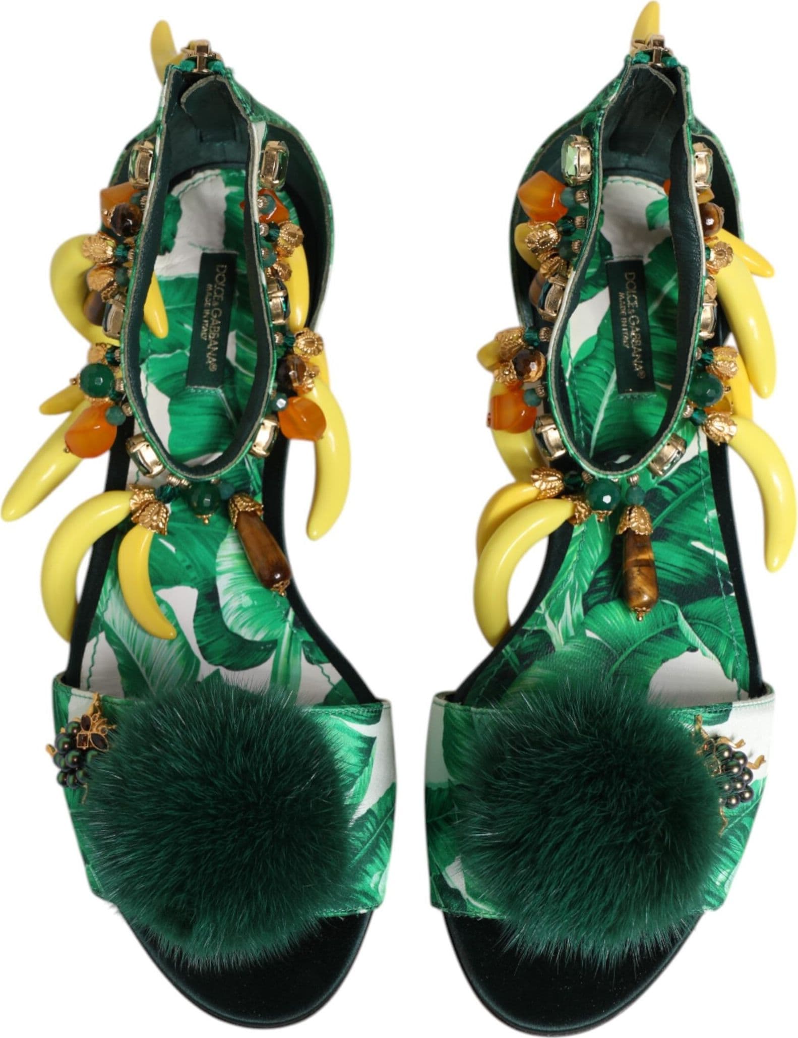 Dolce & Gabbana Green Mink Fur Satin Banana Leaf Sandals Shoes - 2