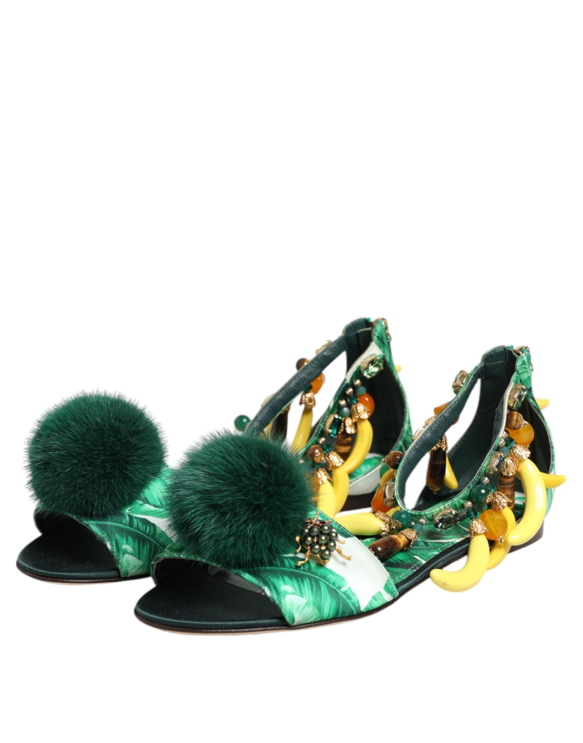Dolce & Gabbana Green Mink Fur Satin Banana Leaf Sandals Shoes - 3