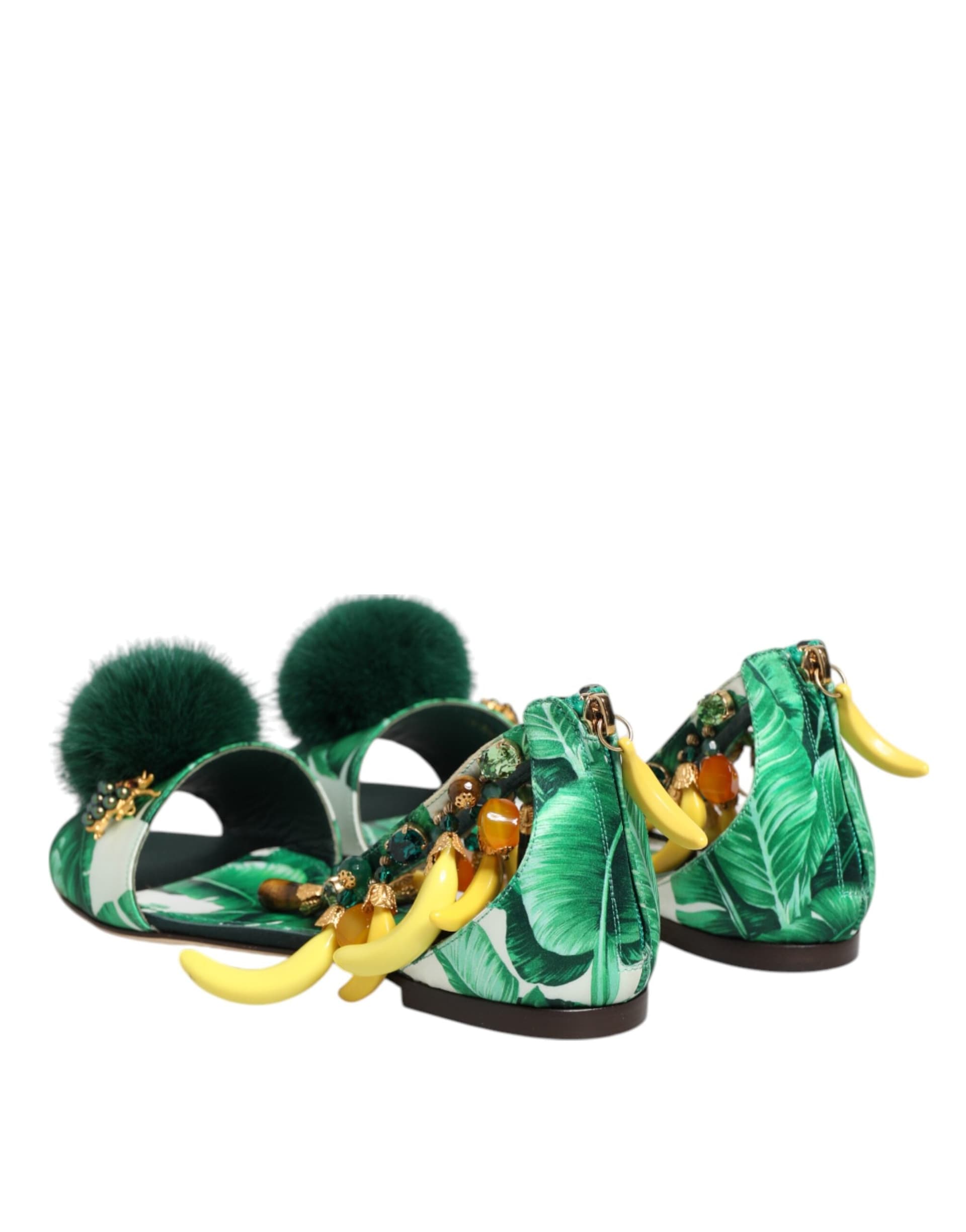 Dolce & Gabbana Green Mink Fur Satin Banana Leaf Sandals Shoes - 4