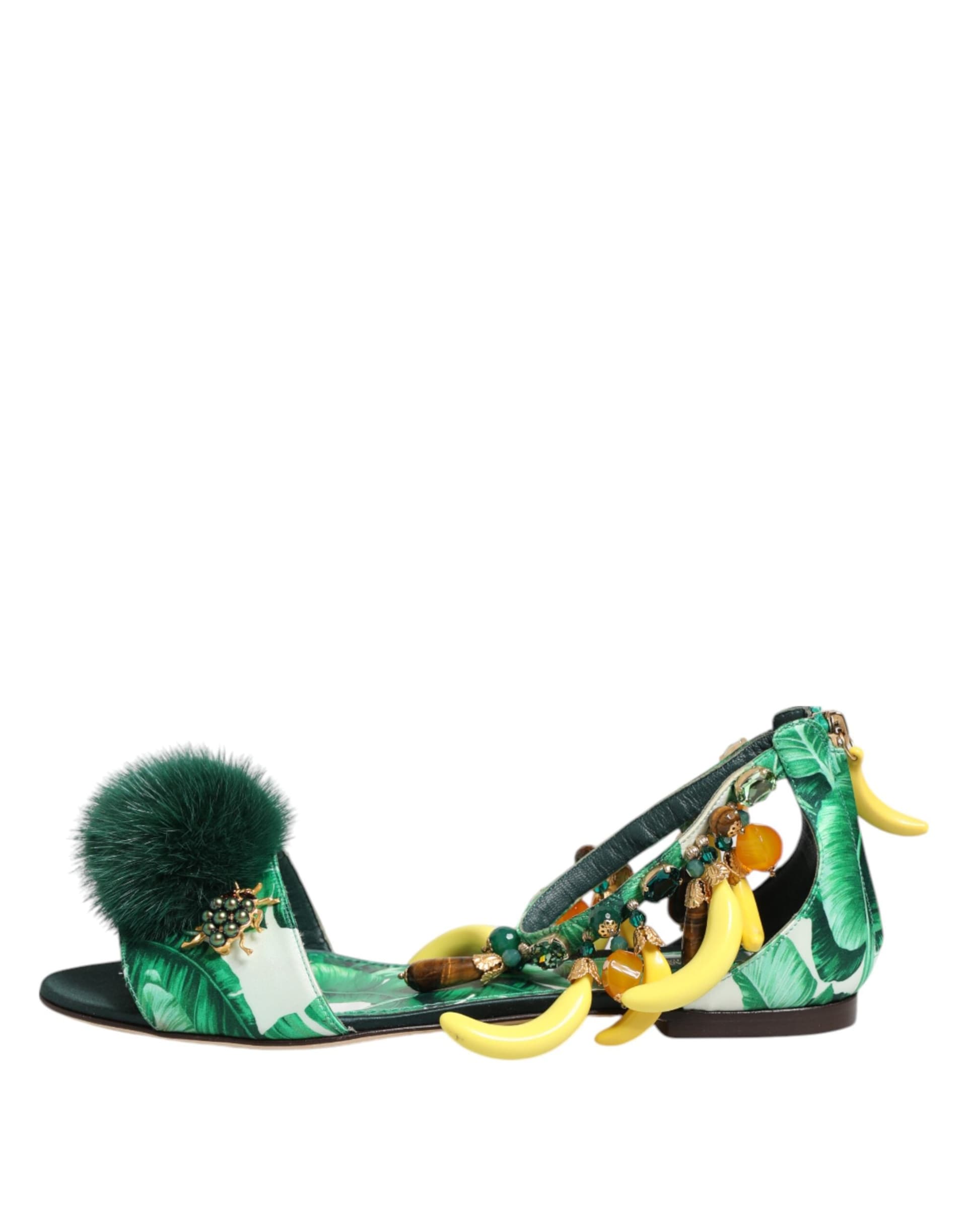 Dolce & Gabbana Green Mink Fur Satin Banana Leaf Sandals Shoes - 5