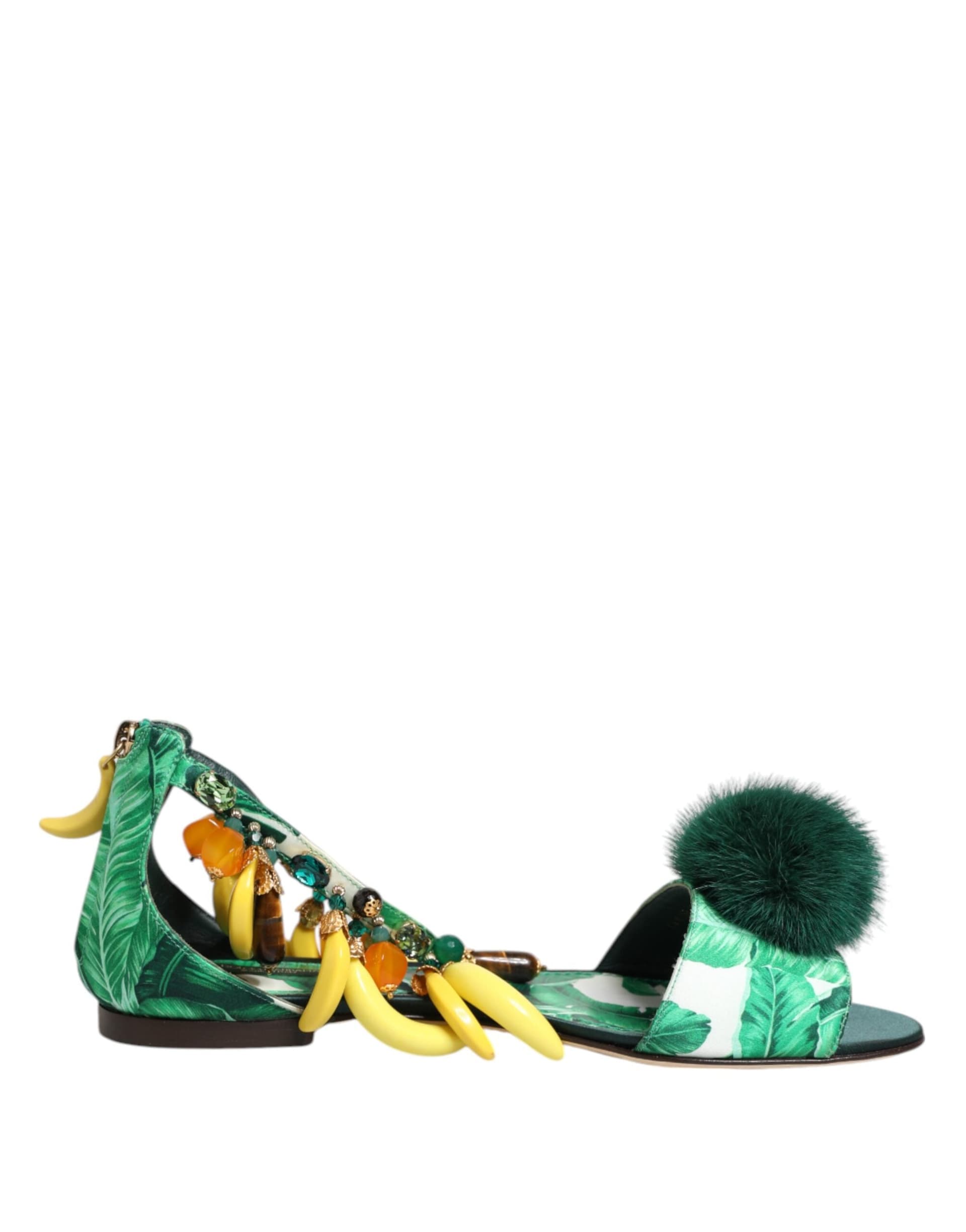 Dolce & Gabbana Green Mink Fur Satin Banana Leaf Sandals Shoes - 7