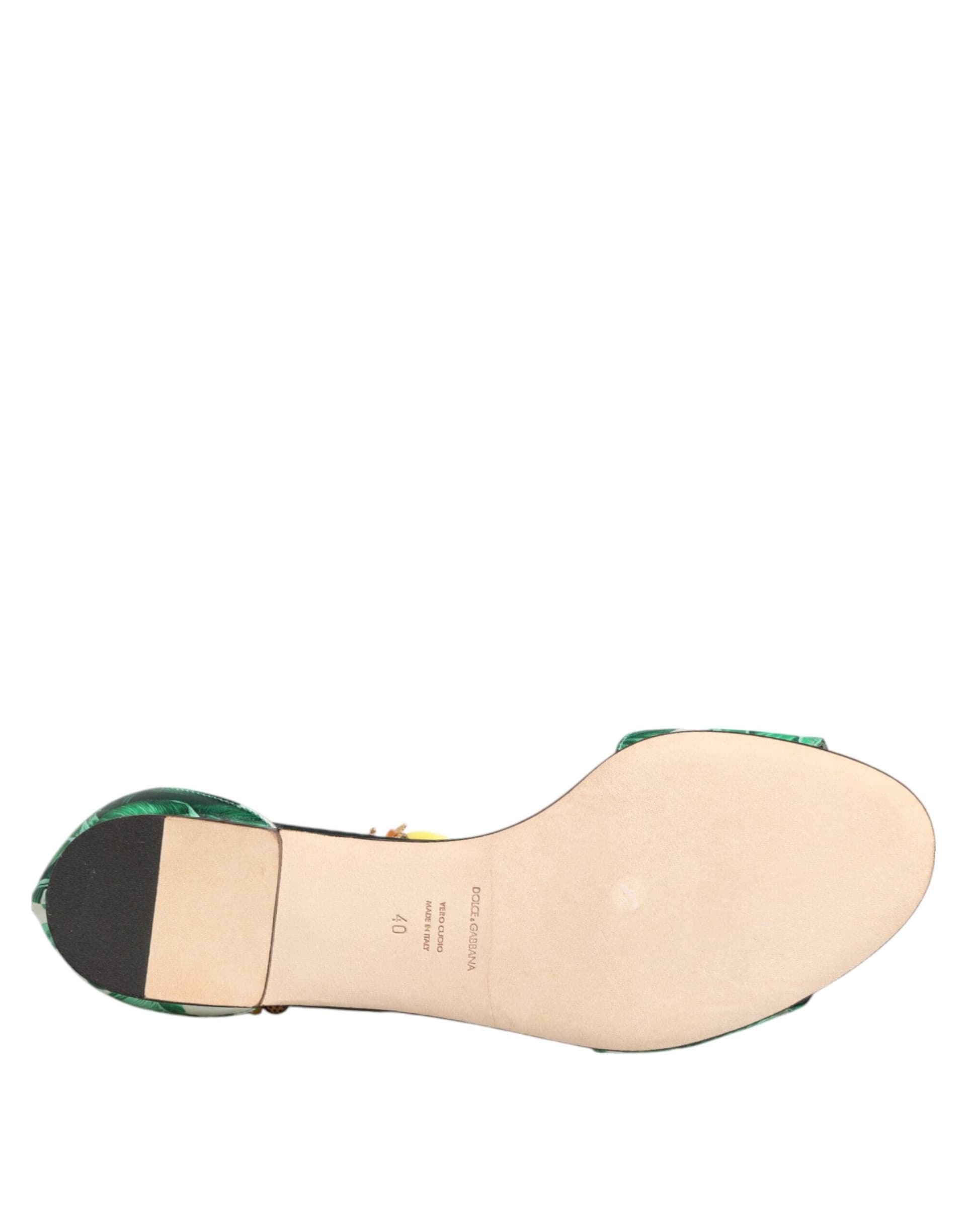Dolce & Gabbana Green Mink Fur Satin Banana Leaf Sandals Shoes - 8