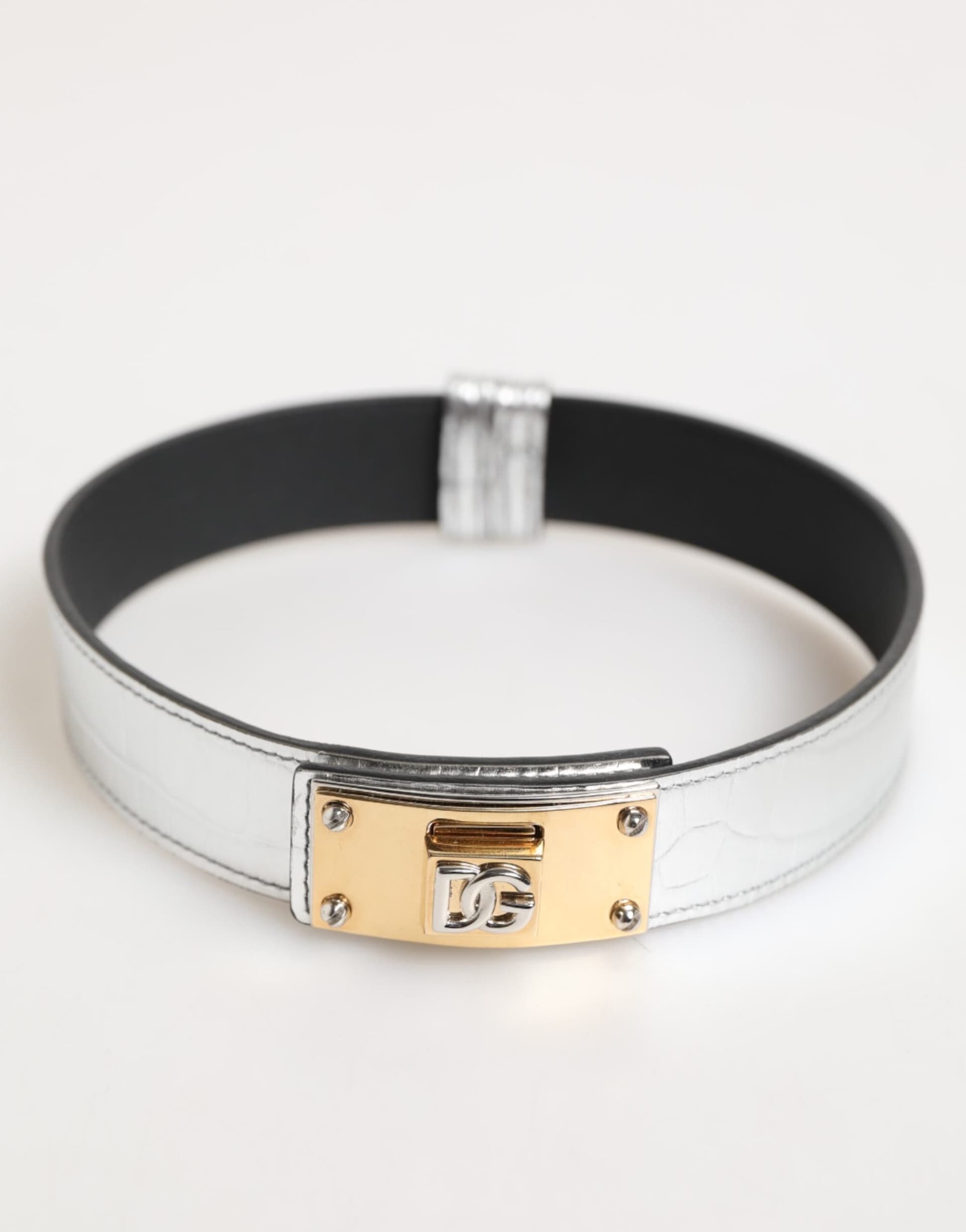 Dolce & Gabbana Silver Textured Leather Gold Tone Metal Neckband - 2