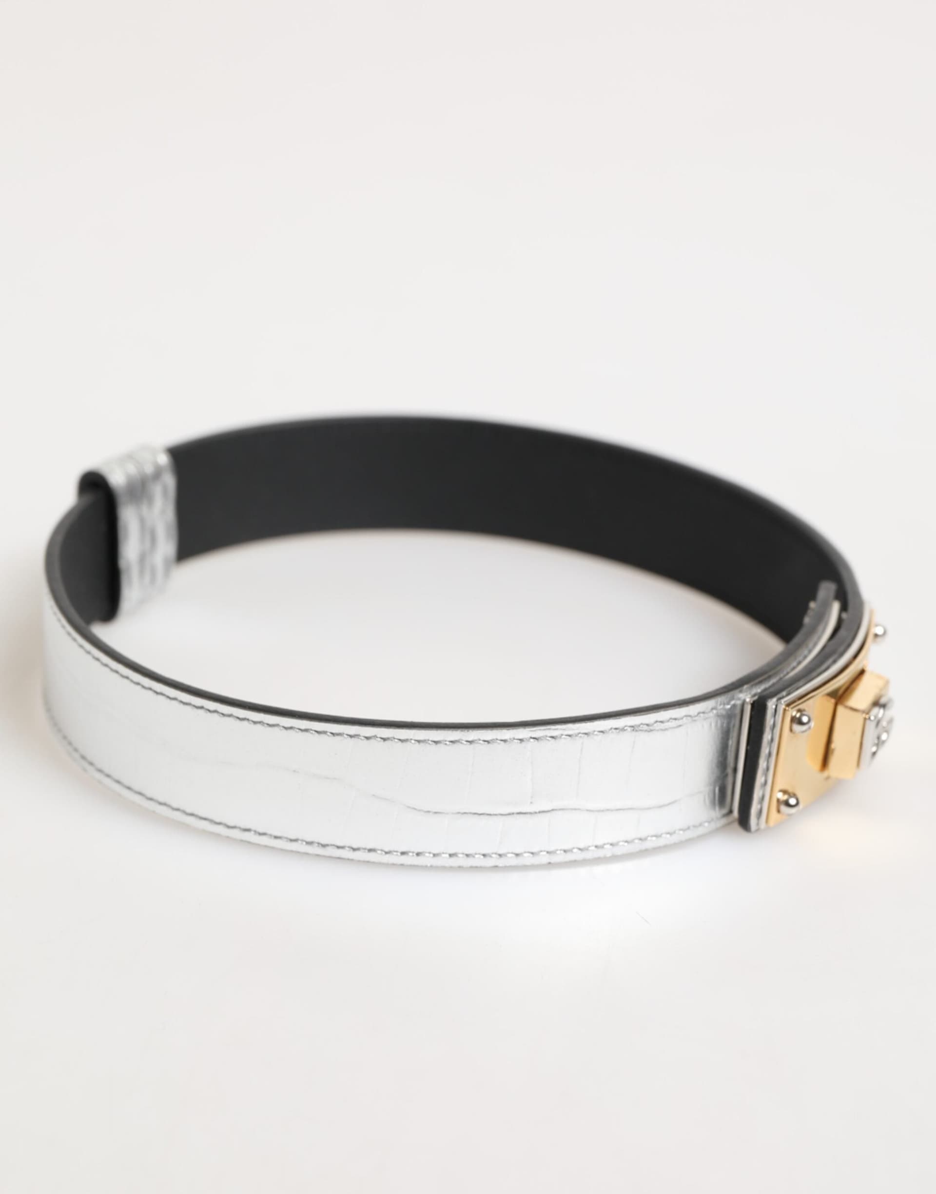 Dolce & Gabbana Silver Textured Leather Gold Tone Metal Neckband - 3