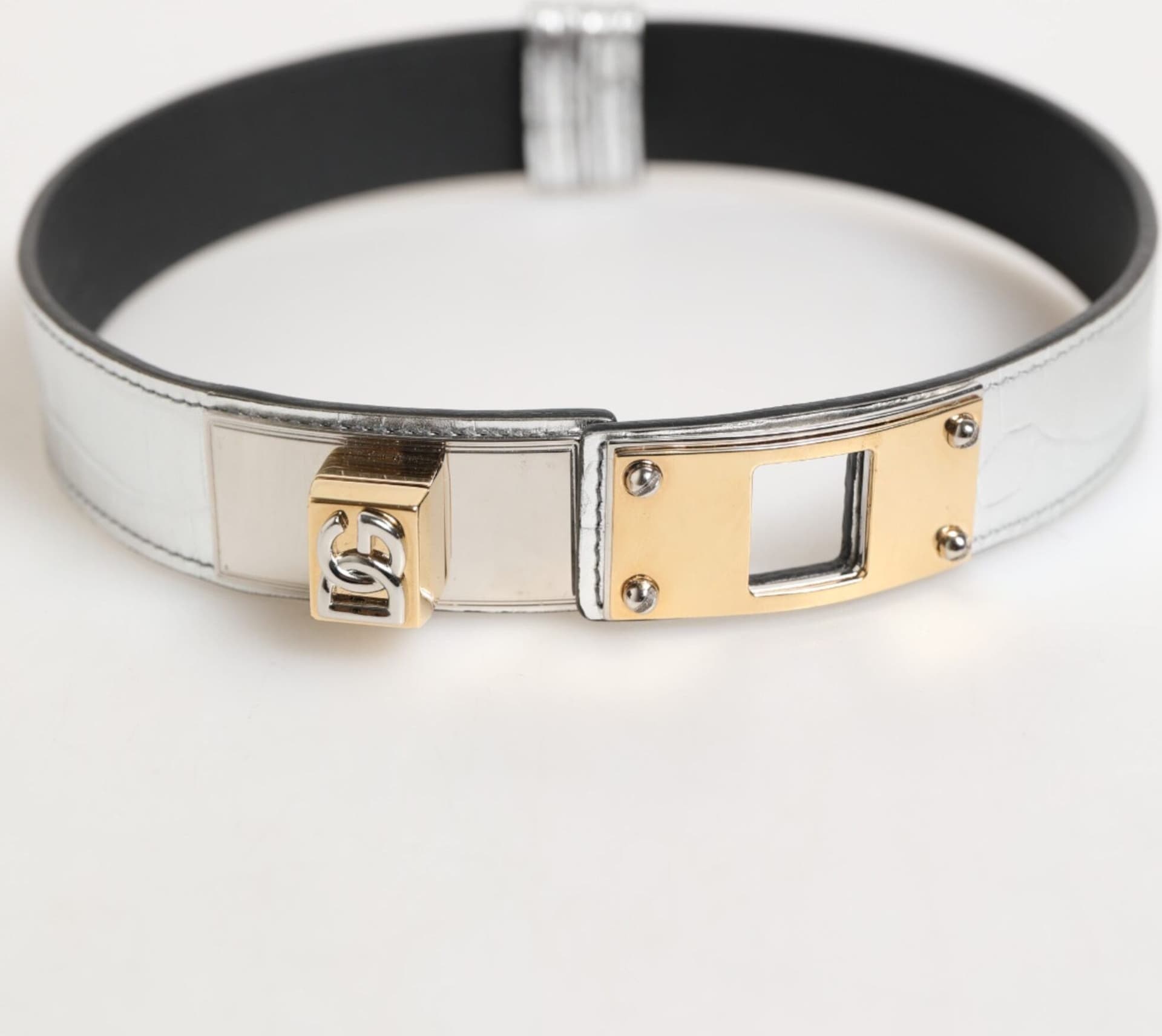 Dolce & Gabbana Silver Textured Leather Gold Tone Metal Neckband - 6