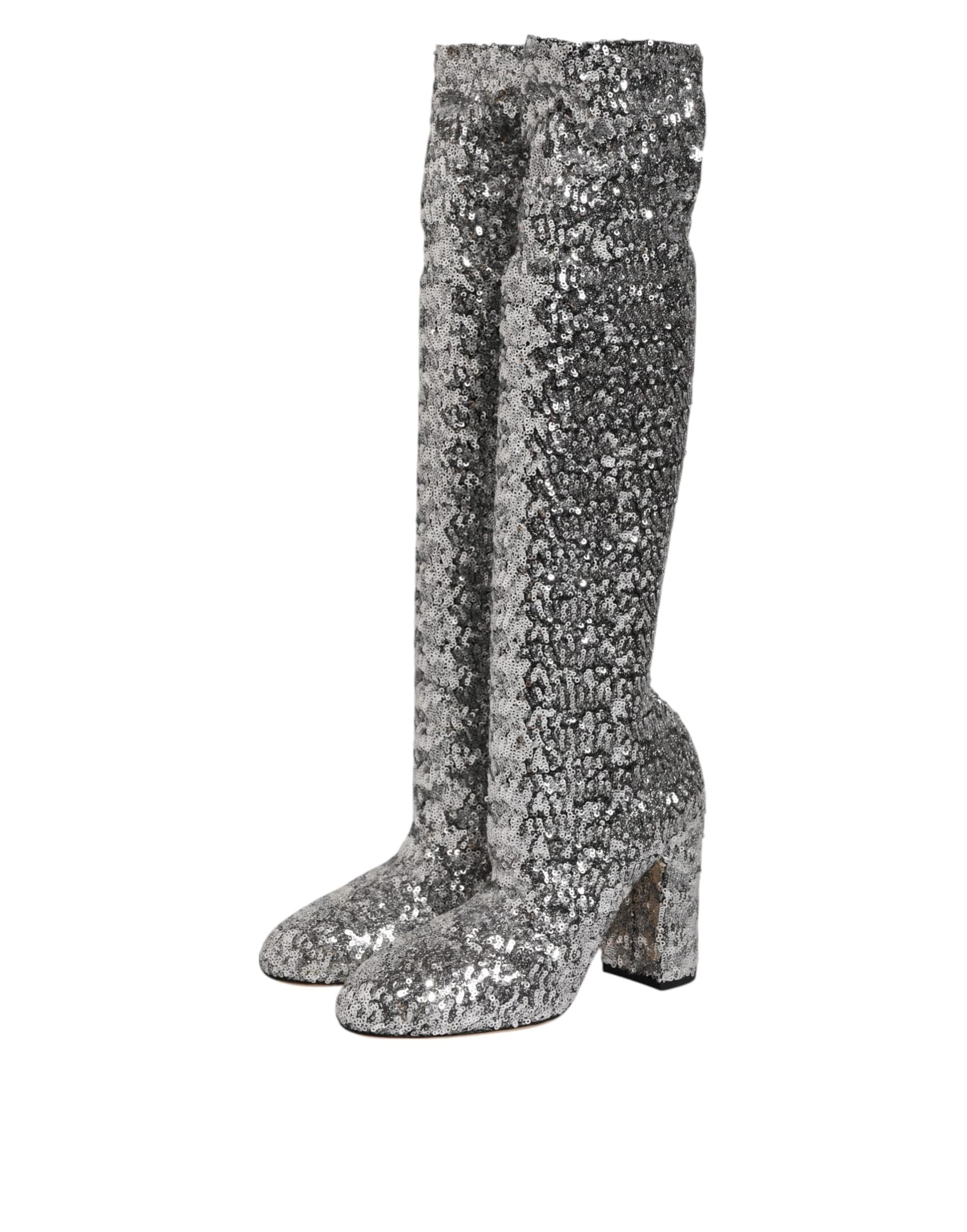 Dolce & Gabbana Shoes Silver Sequins Glitter High Heel Boot Shoes - 2