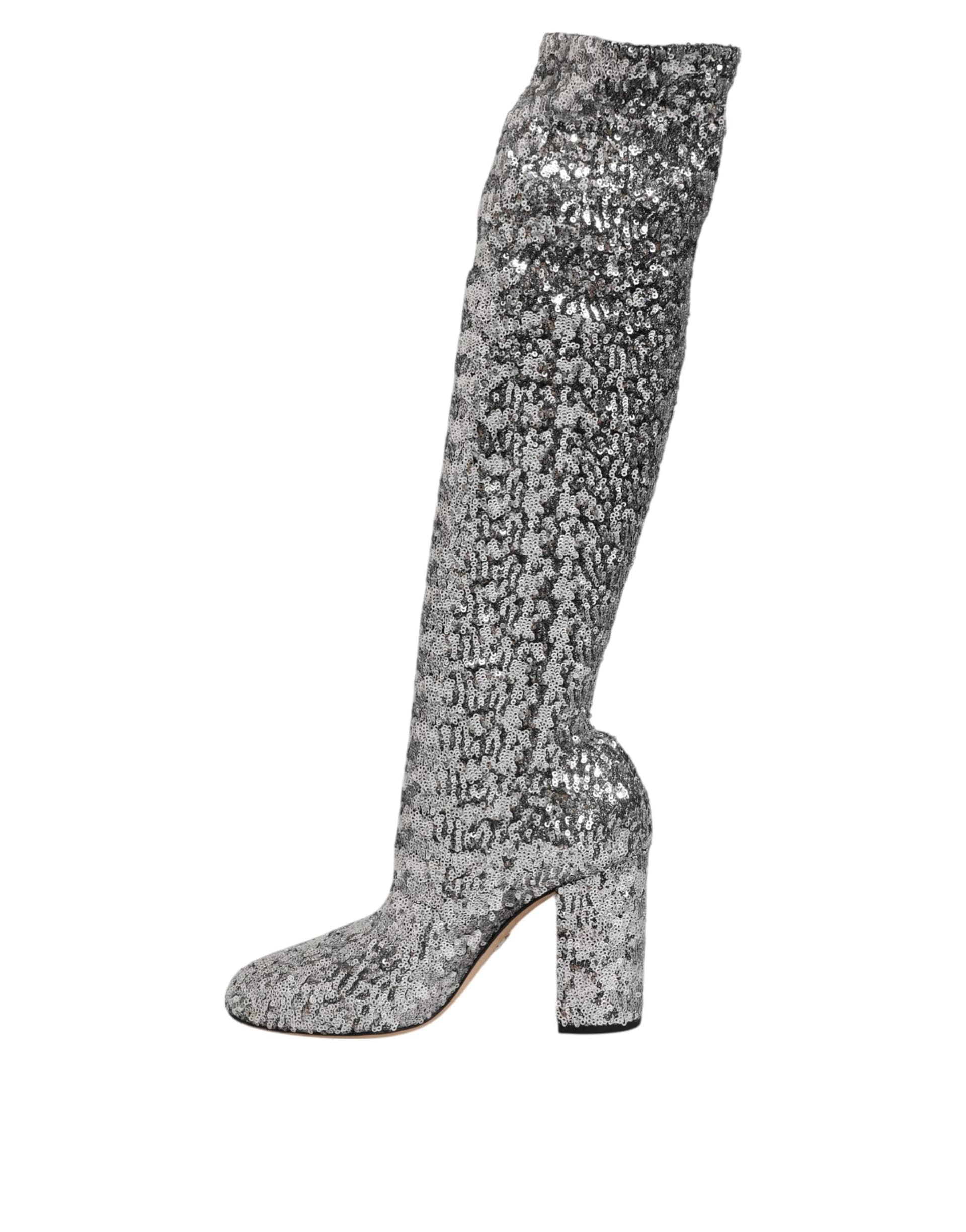 Dolce & Gabbana Shoes Silver Sequins Glitter High Heel Boot Shoes - 4