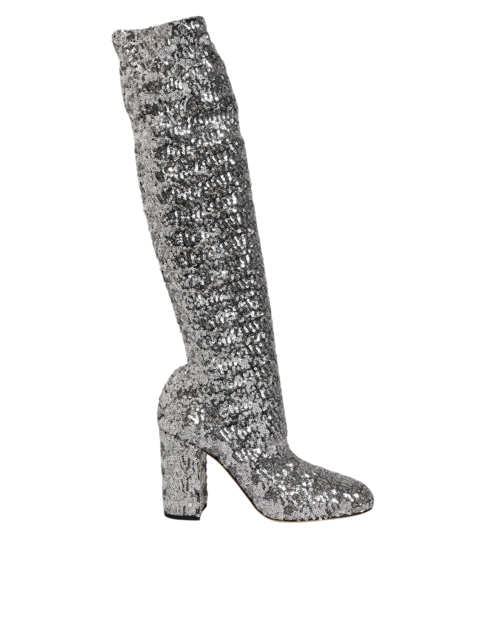 Dolce & Gabbana Shoes Silver Sequins Glitter High Heel Boot Shoes - 6