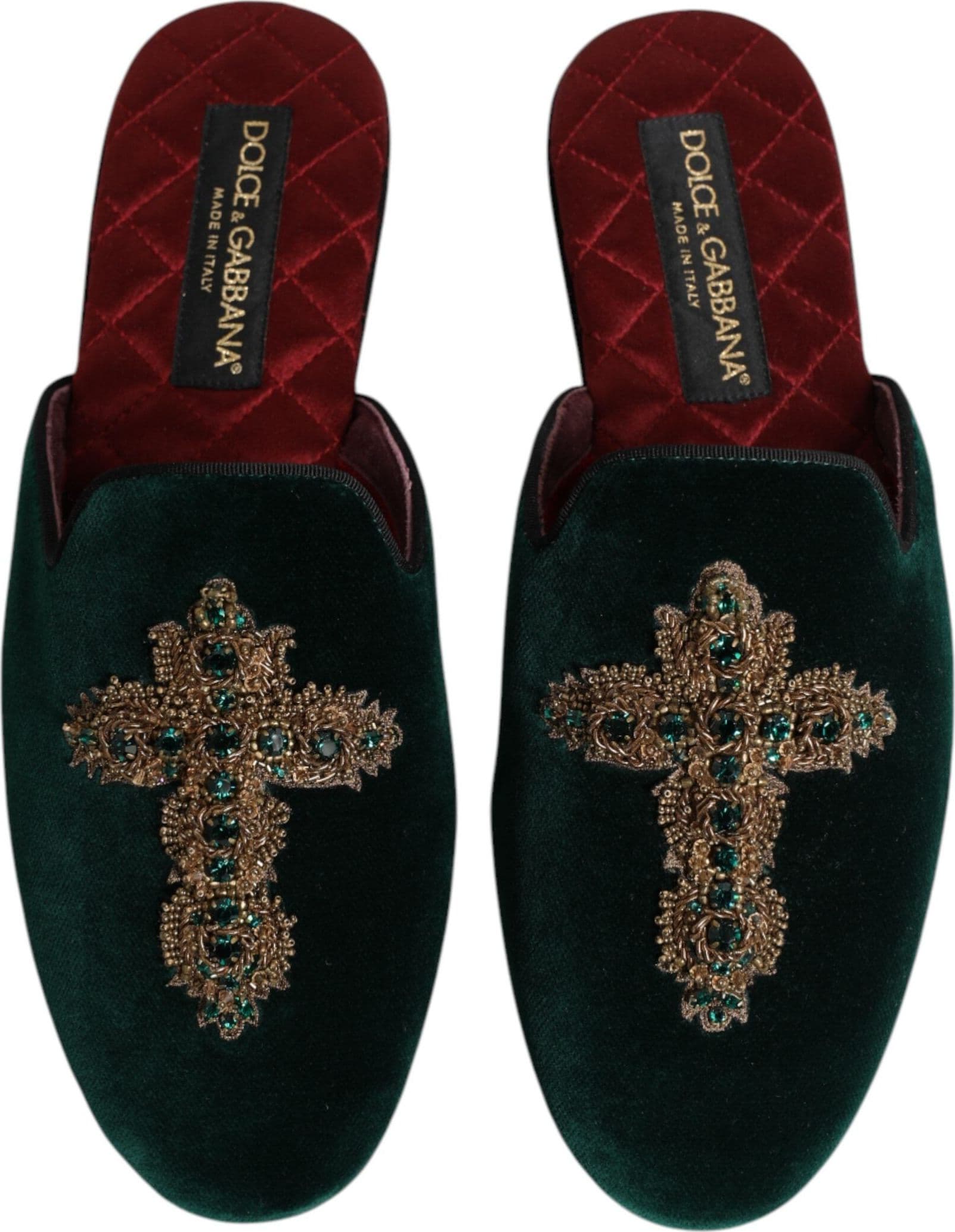 Dolce & Gabbana Green Velvet Cross Embellished Slippers Shoes - 2