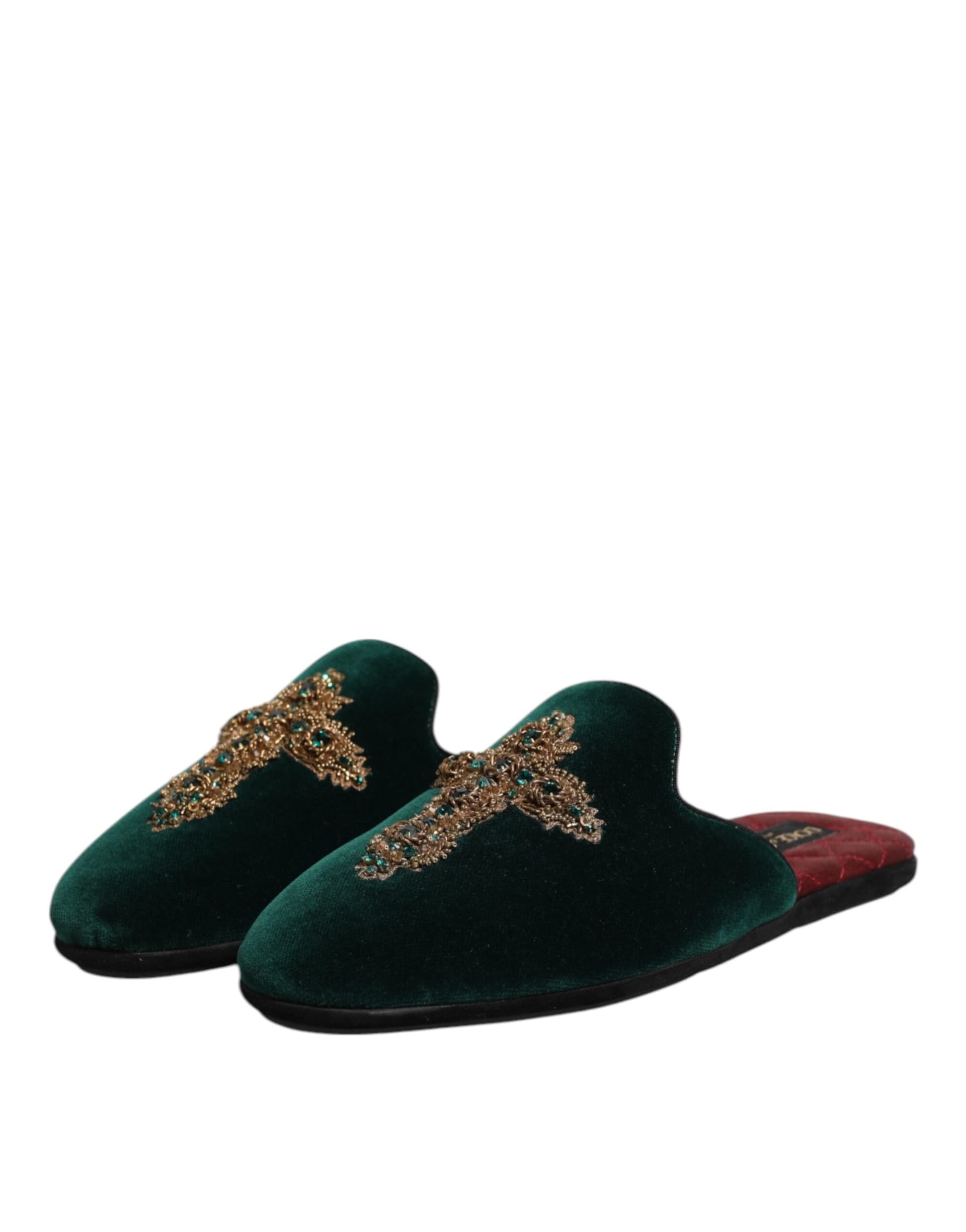 Dolce & Gabbana Green Velvet Cross Embellished Slippers Shoes - 3