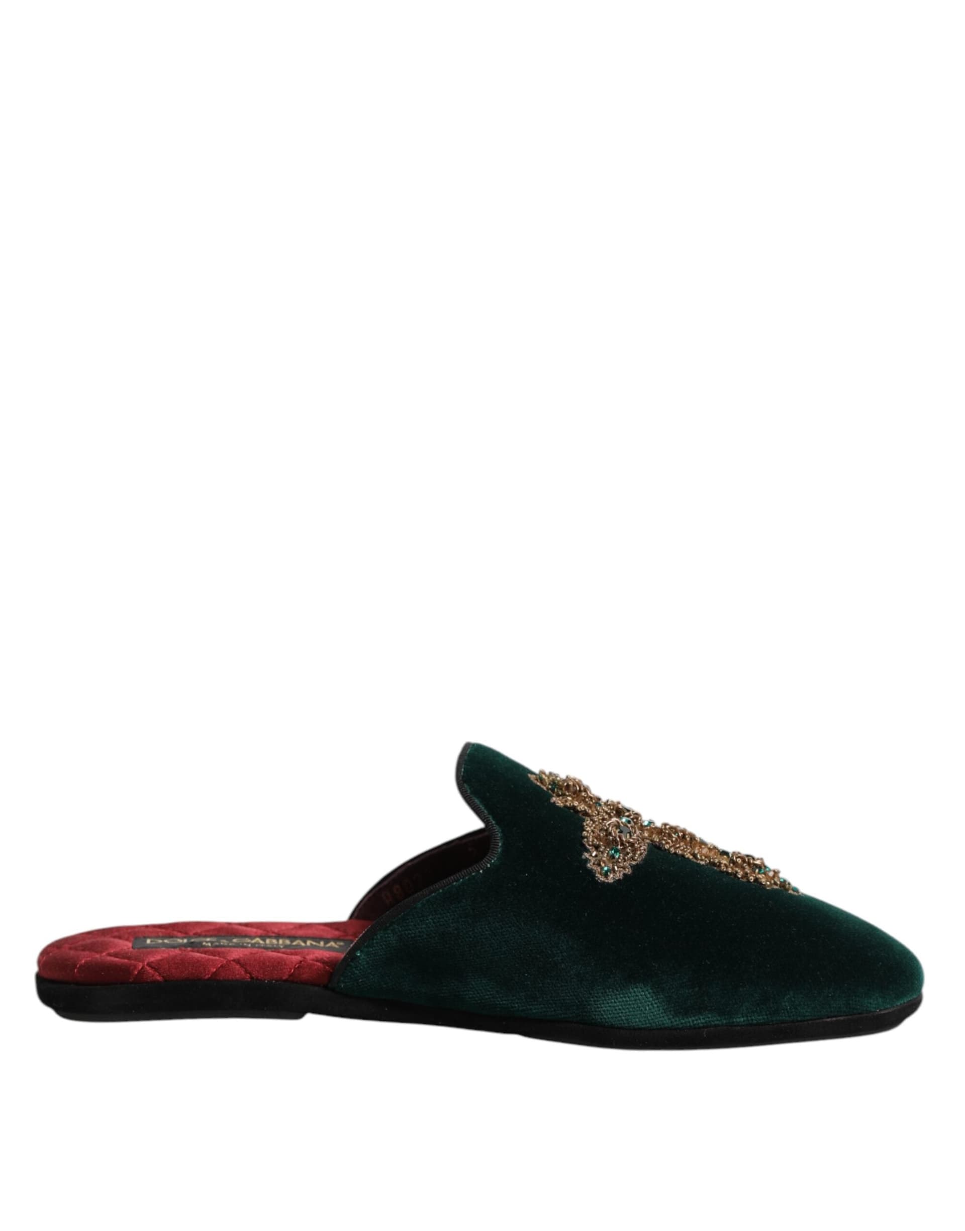 Dolce & Gabbana Green Velvet Cross Embellished Slippers Shoes - 6