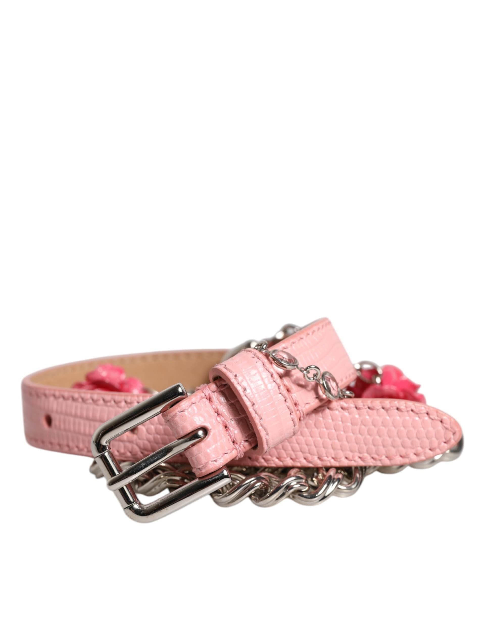 Dolce & Gabbana Pink Embelished Roses Textured Leather Belt - 2