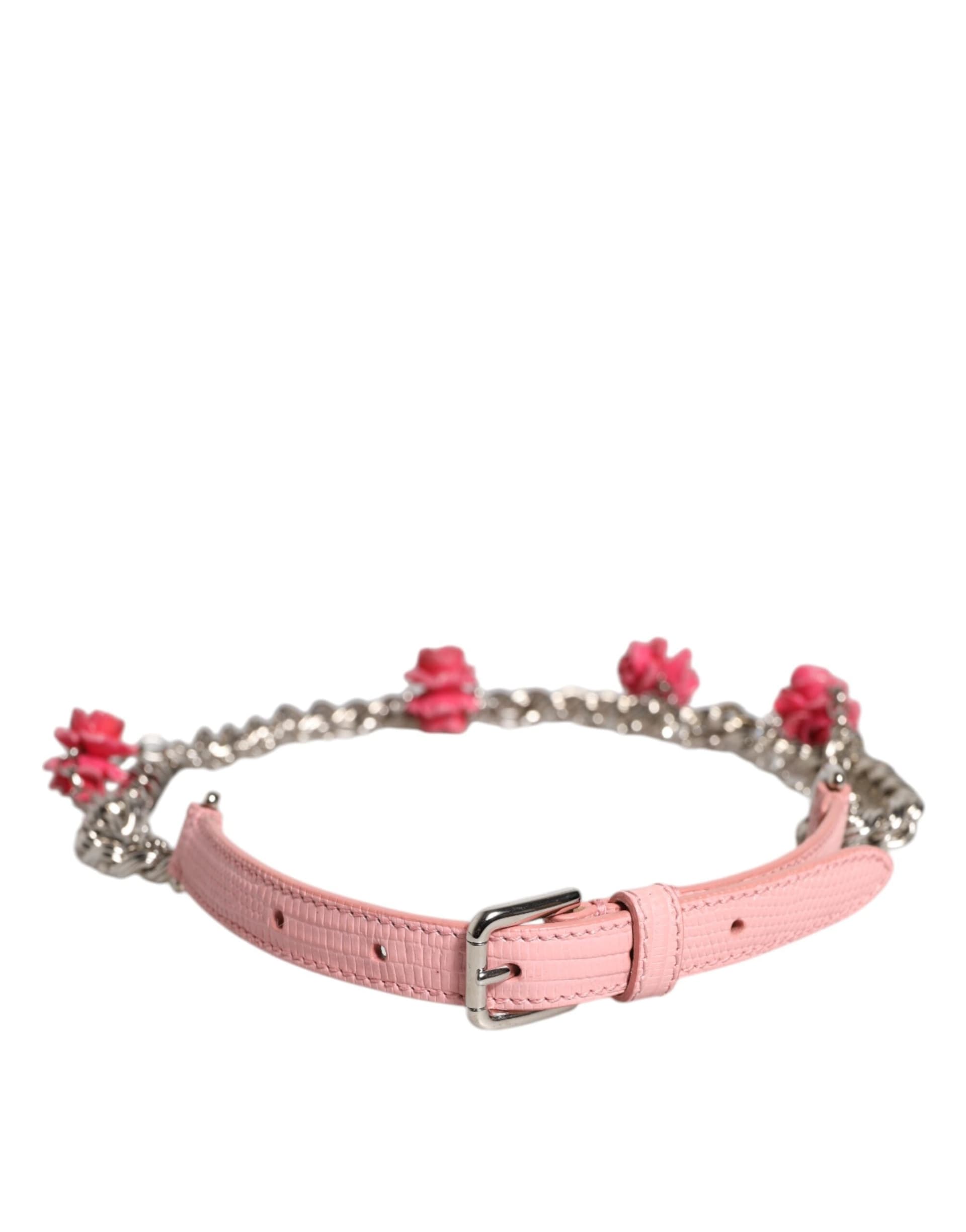Dolce & Gabbana Pink Embelished Roses Textured Leather Belt - 3