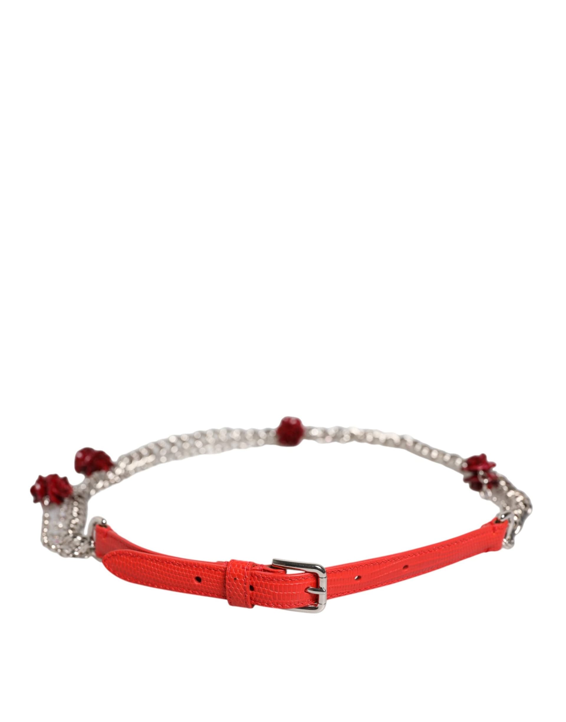 Dolce & Gabbana Red Leather Silver Chain Floral Cintura Belt - 2