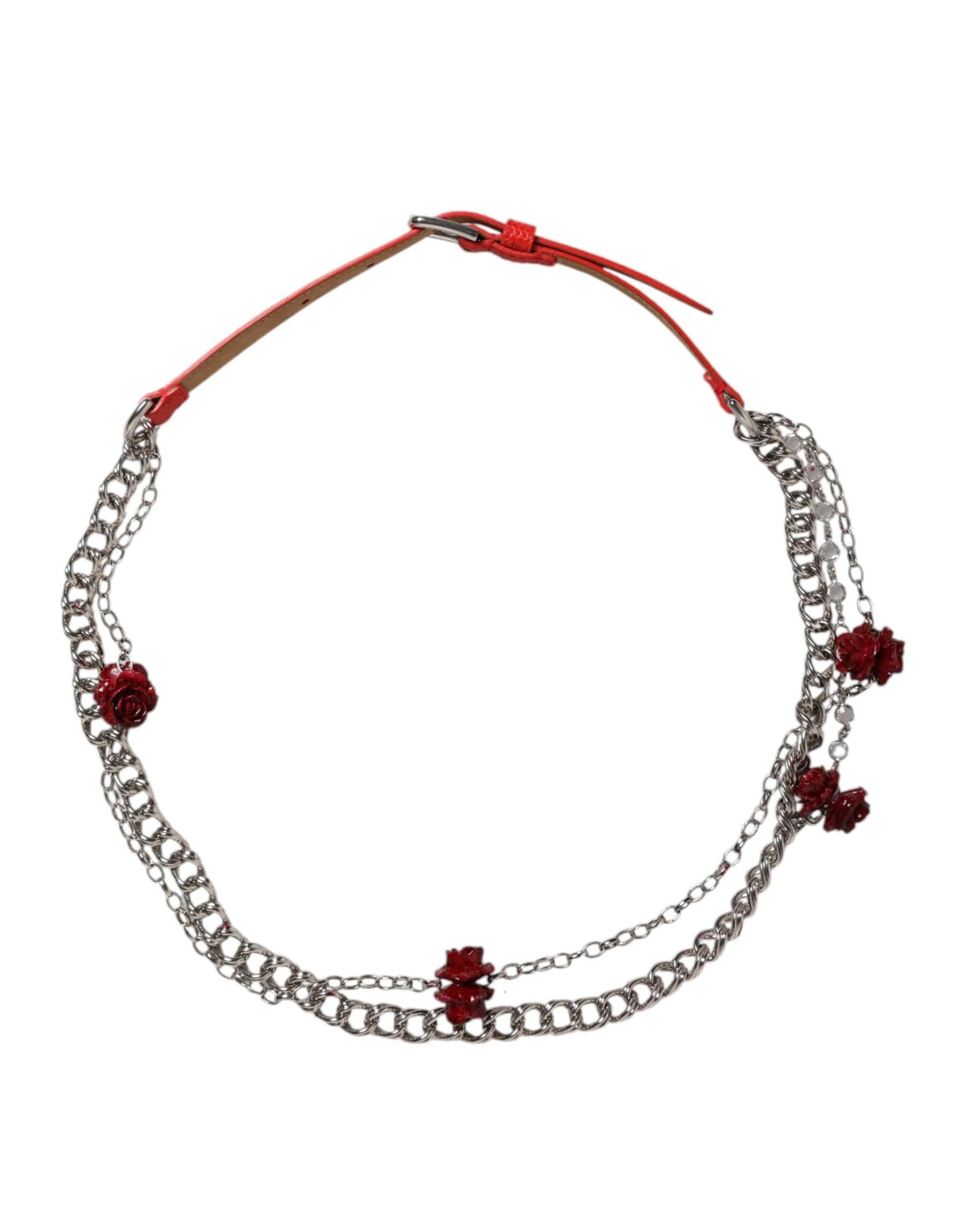 Dolce & Gabbana Red Leather Silver Chain Floral Cintura Belt - 3