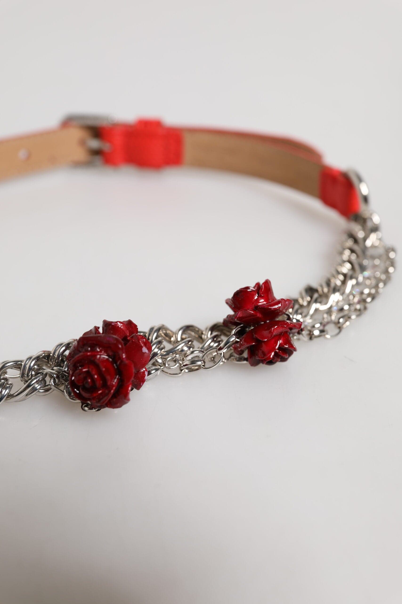 Dolce & Gabbana Red Leather Silver Chain Floral Cintura Belt - 4