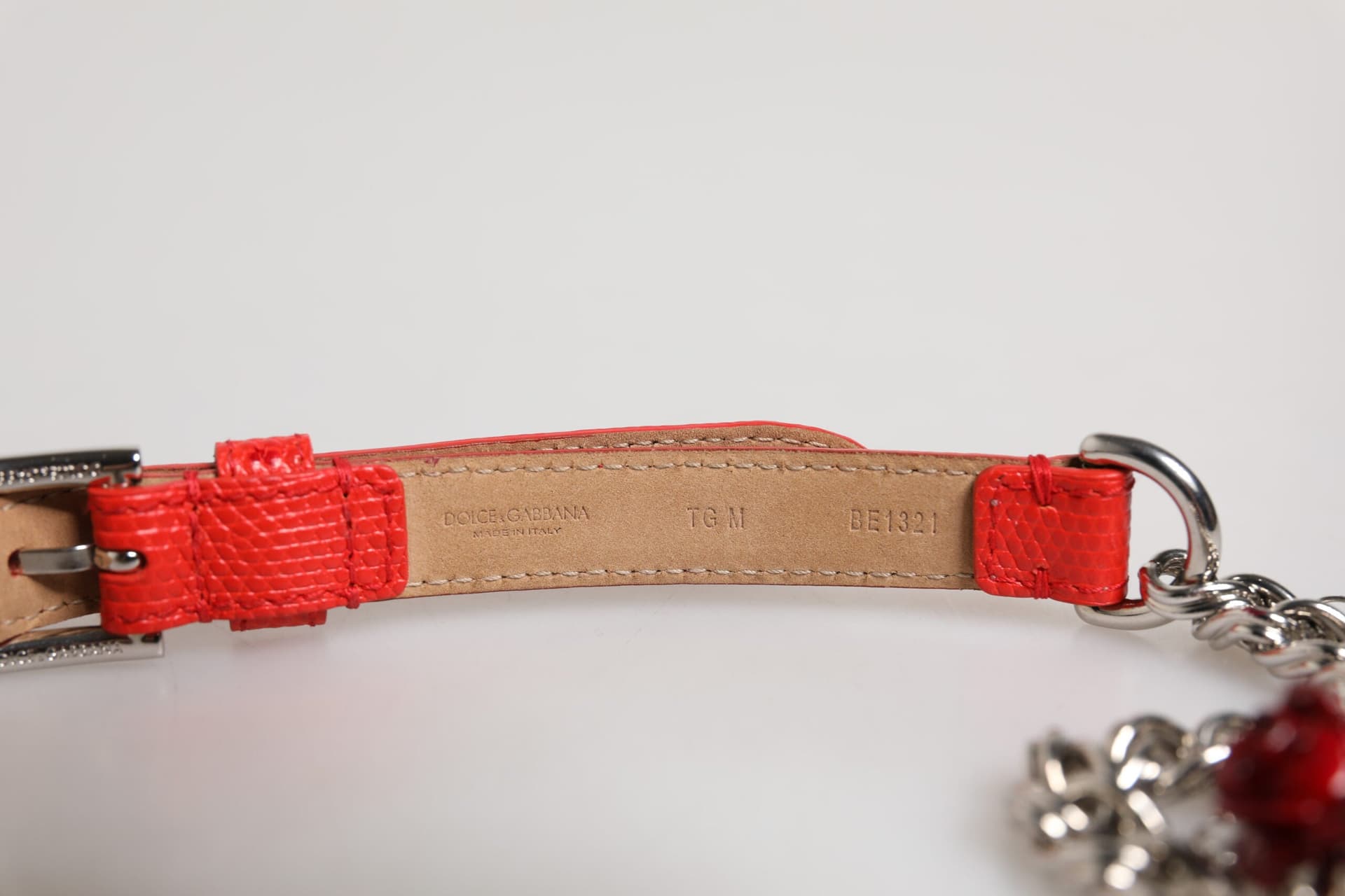 Dolce & Gabbana Red Leather Silver Chain Floral Cintura Belt - 5