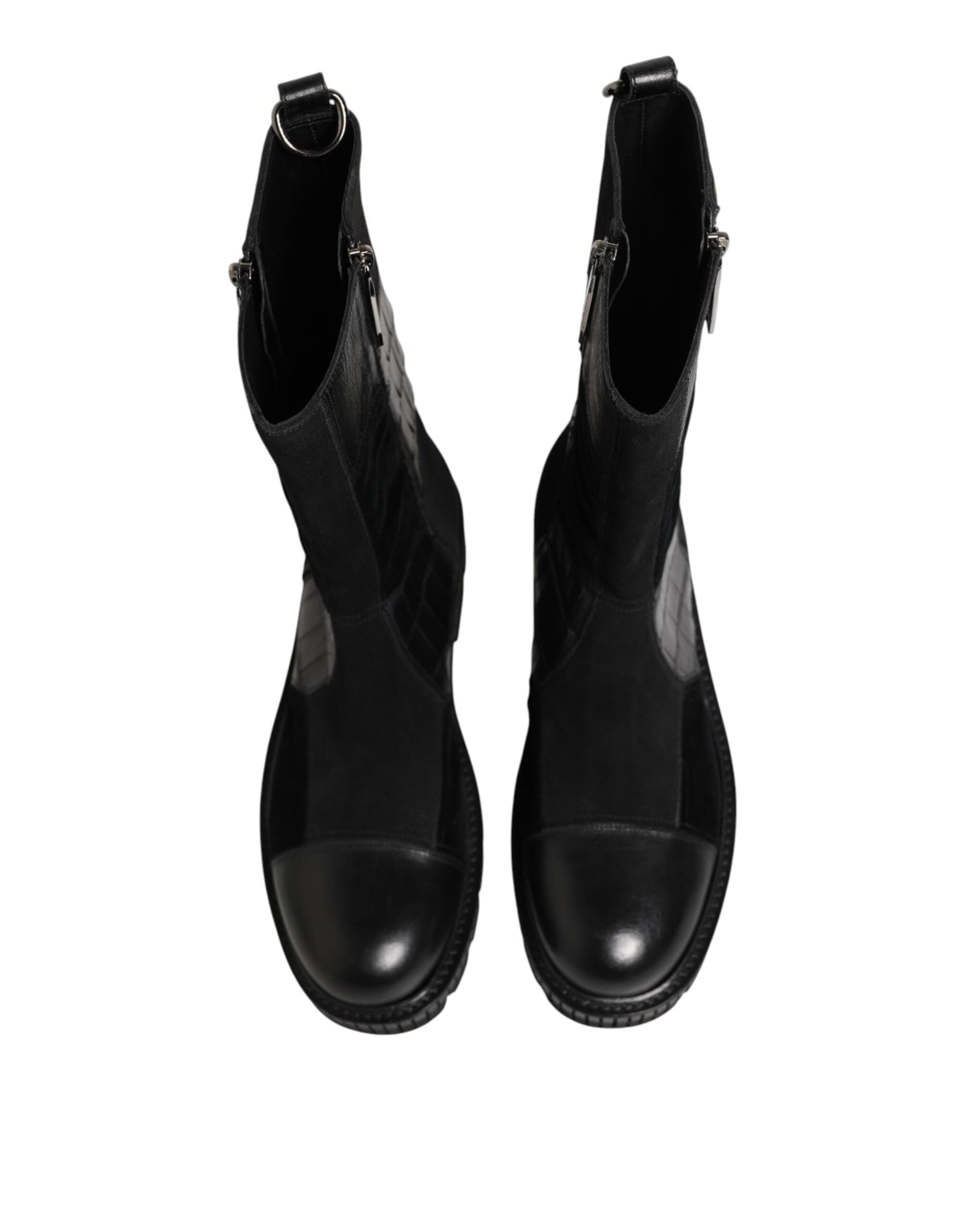 Dolce & Gabbana Black Patchwork Leather Mid Calf Boot  Shoes - 2