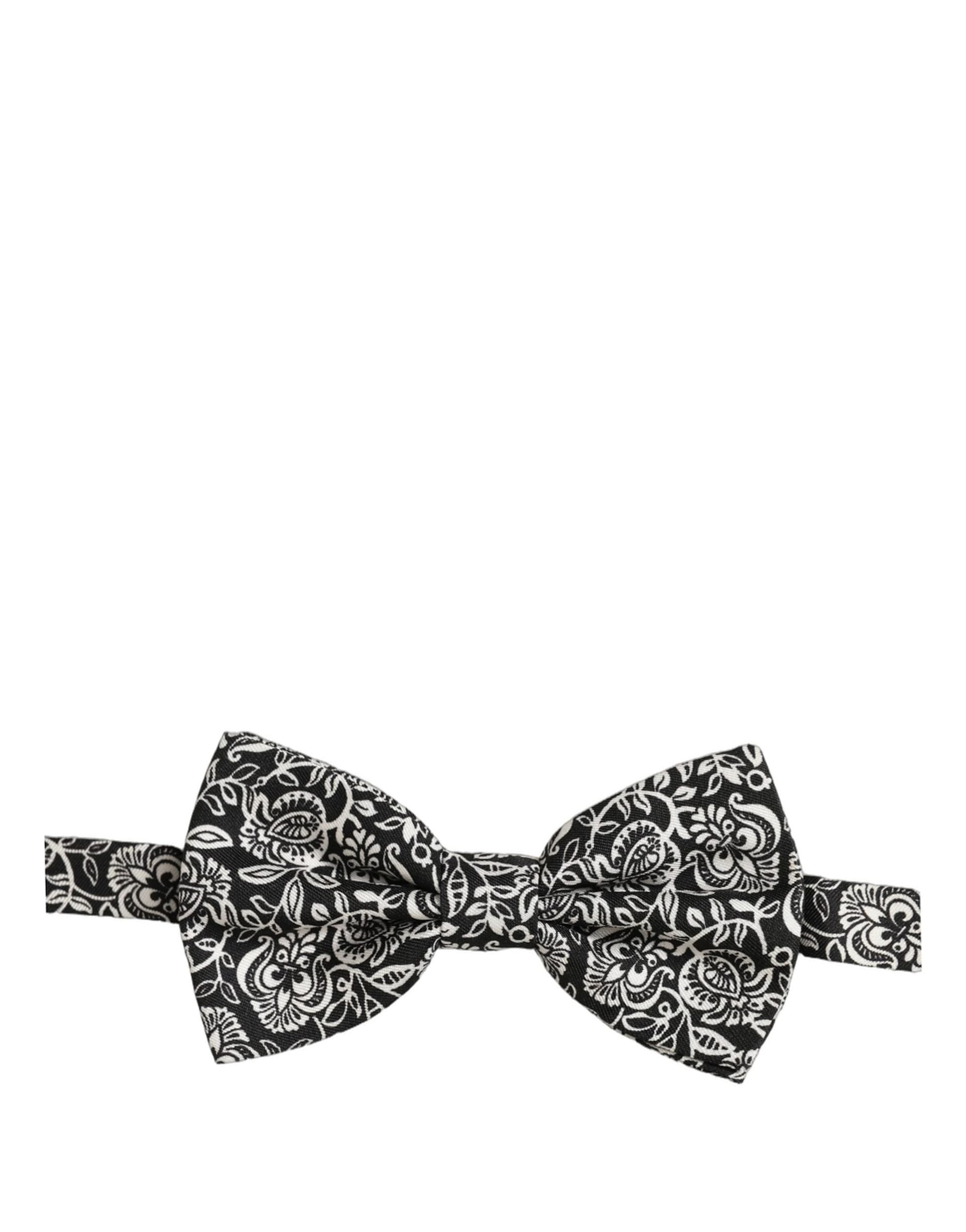 Dolce & Gabbana Tie Black White Paisley Silk Adjustable Neck Papillon Bow - 2