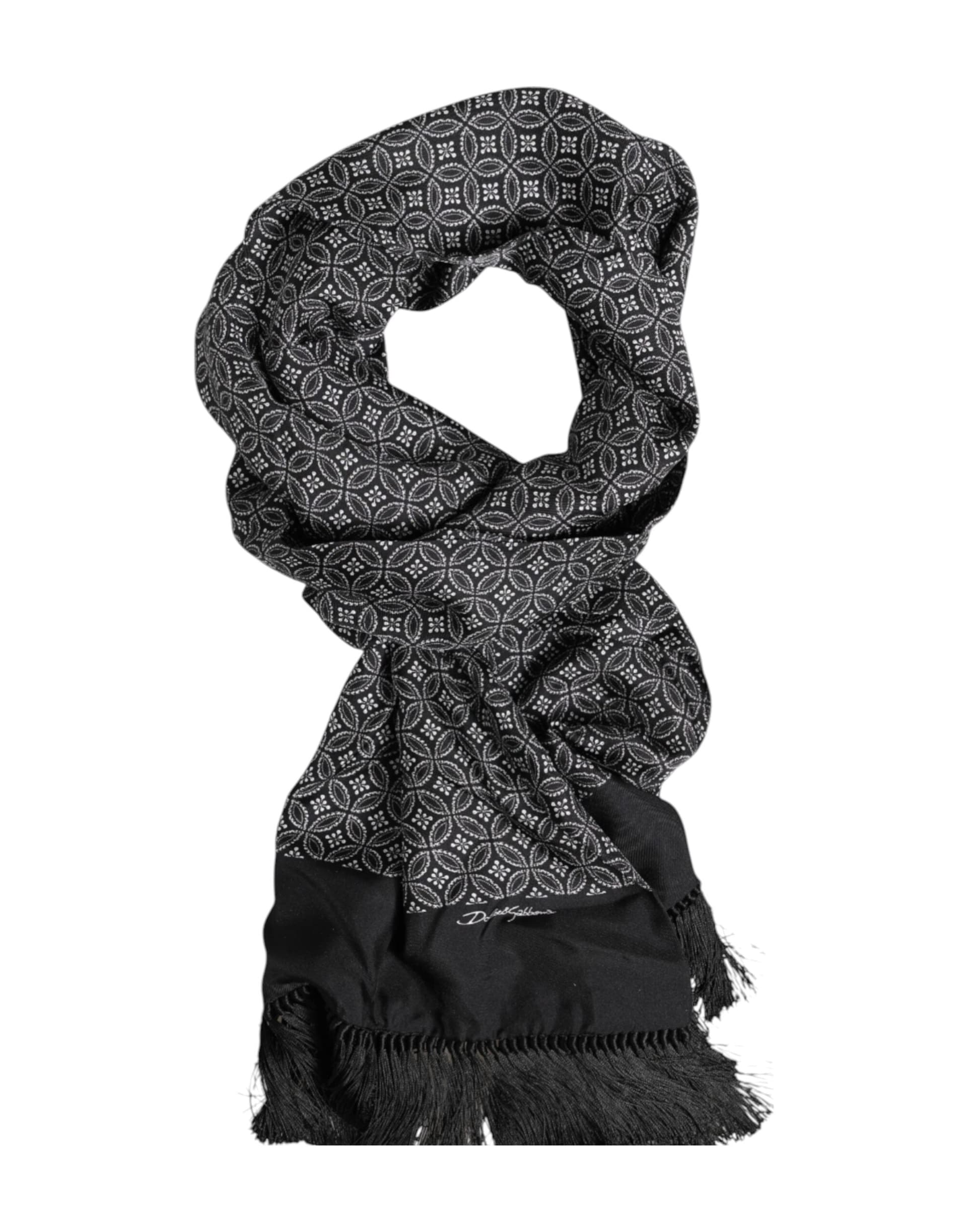 Dolce & Gabbana Black Patterned Fringes Men Foulard Scarf - 4