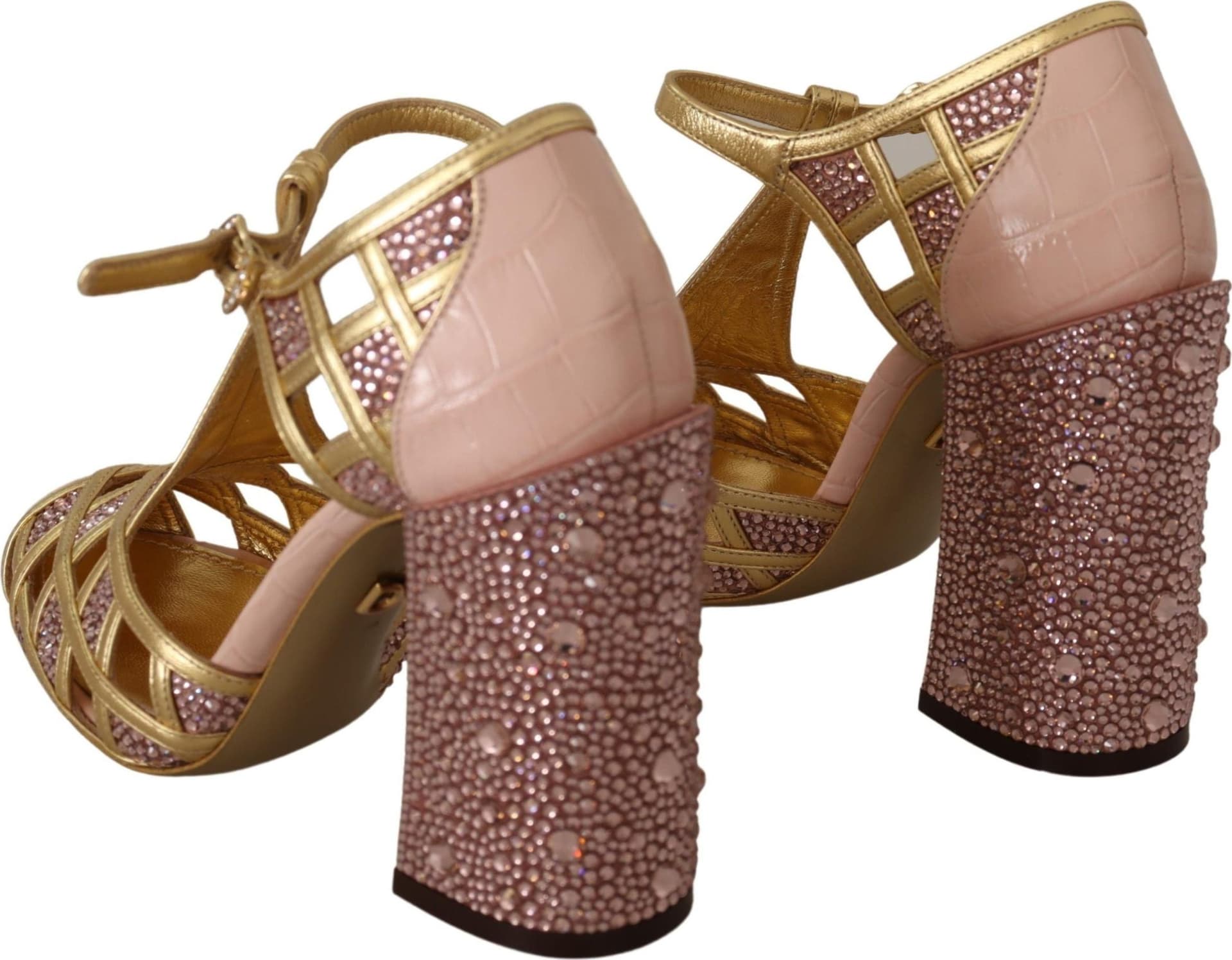 Dolce & Gabbana Pink Gold Leather Crystal Pumps T-strap Shoes - 2