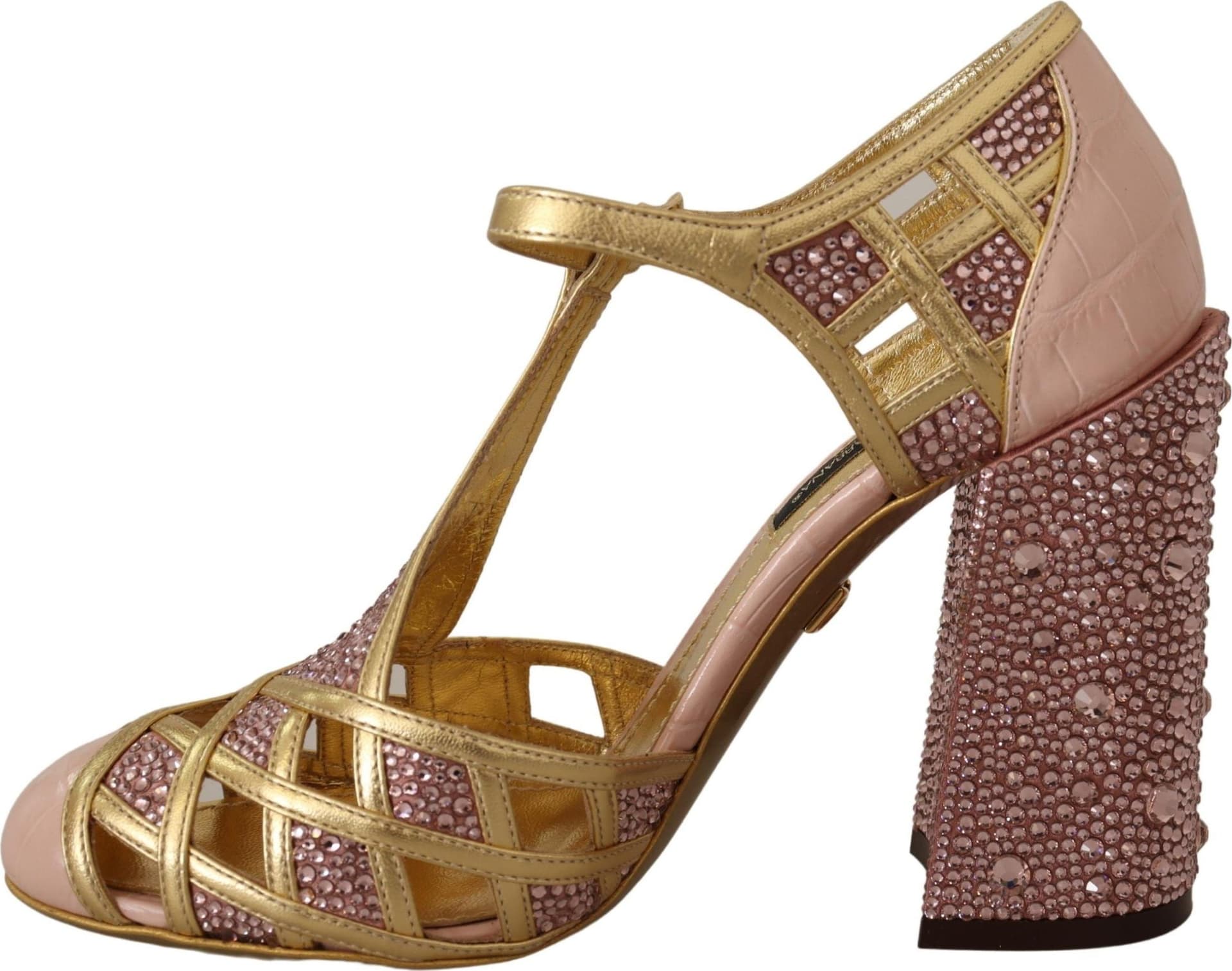 Dolce & Gabbana Pink Gold Leather Crystal Pumps T-strap Shoes - 3