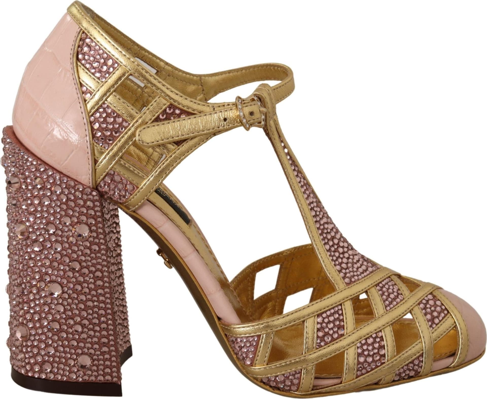 Dolce & Gabbana Pink Gold Leather Crystal Pumps T-strap Shoes - 4