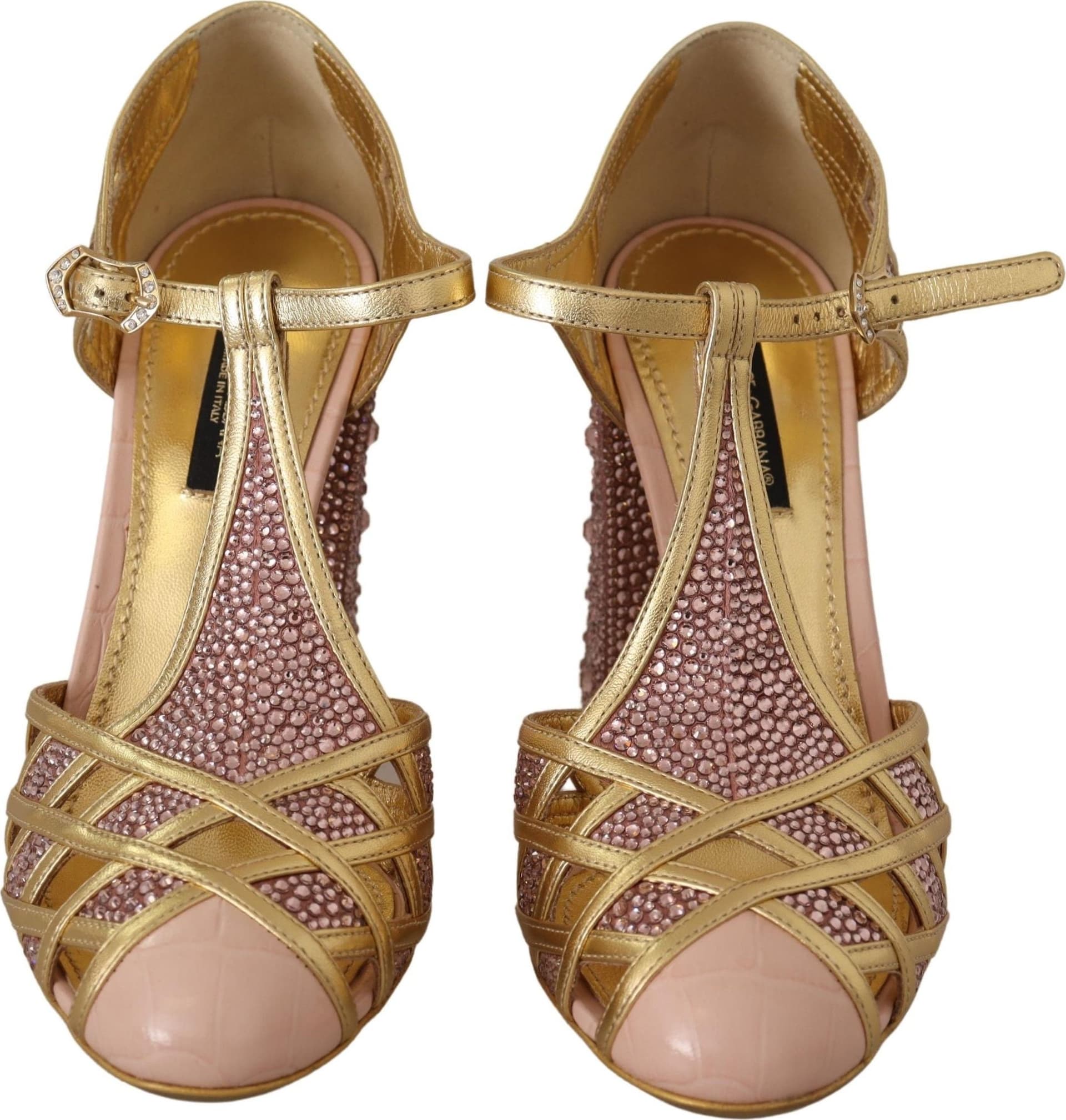 Dolce & Gabbana Pink Gold Leather Crystal Pumps T-strap Shoes - 7
