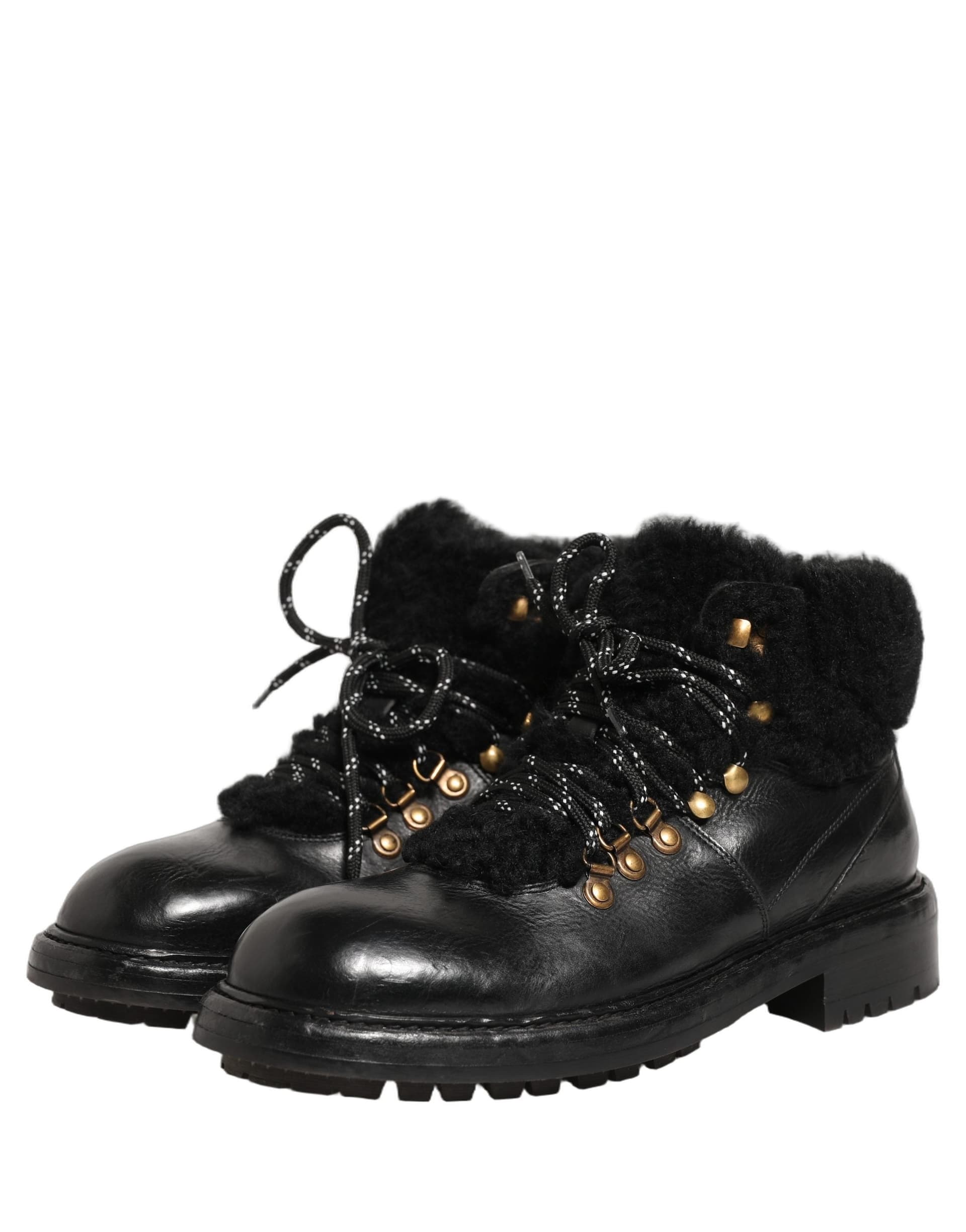 Dolce & Gabbana Black Trekking Fur Lace Leather Boots Shoes - 4