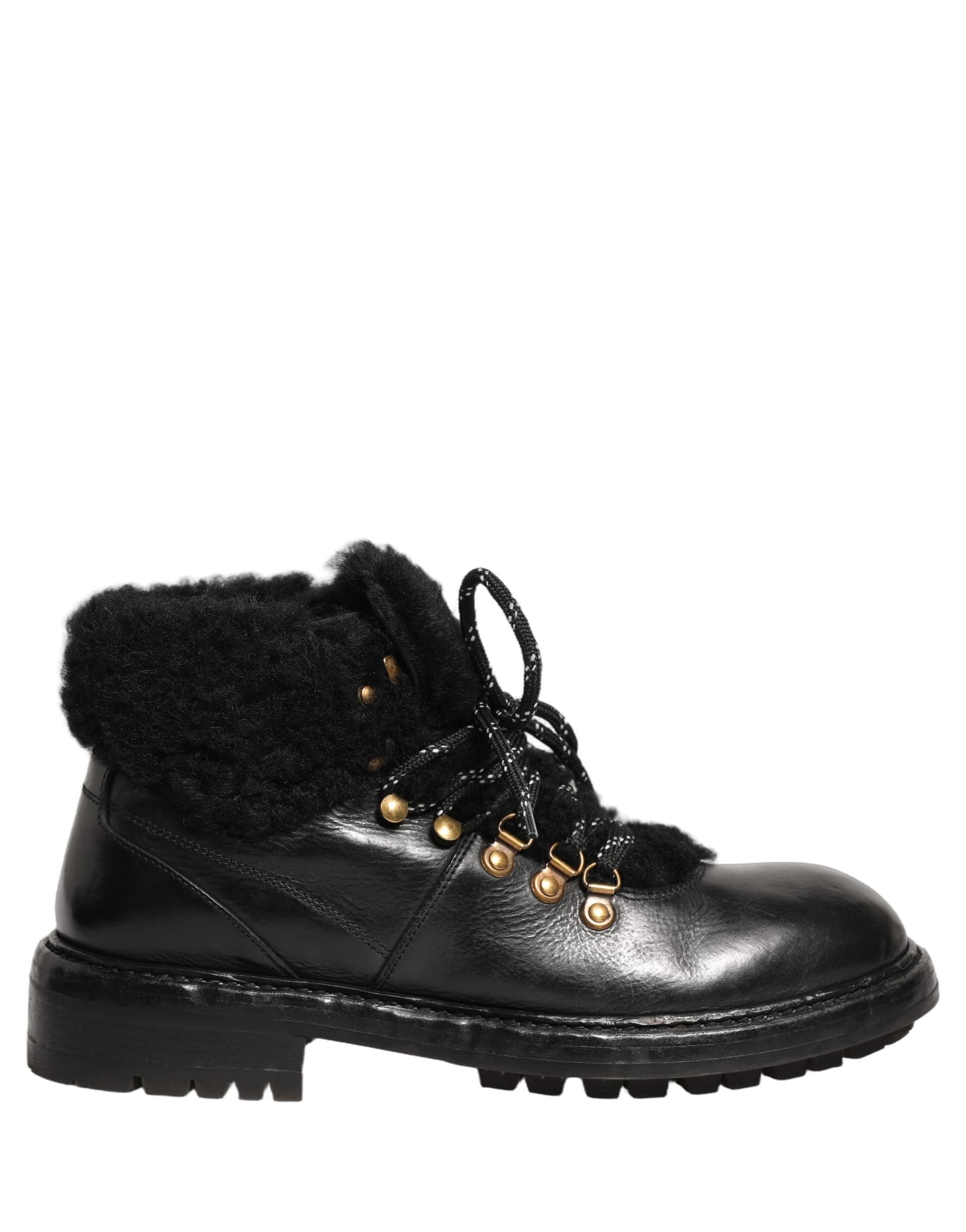 Dolce & Gabbana Black Trekking Fur Lace Leather Boots Shoes - 8