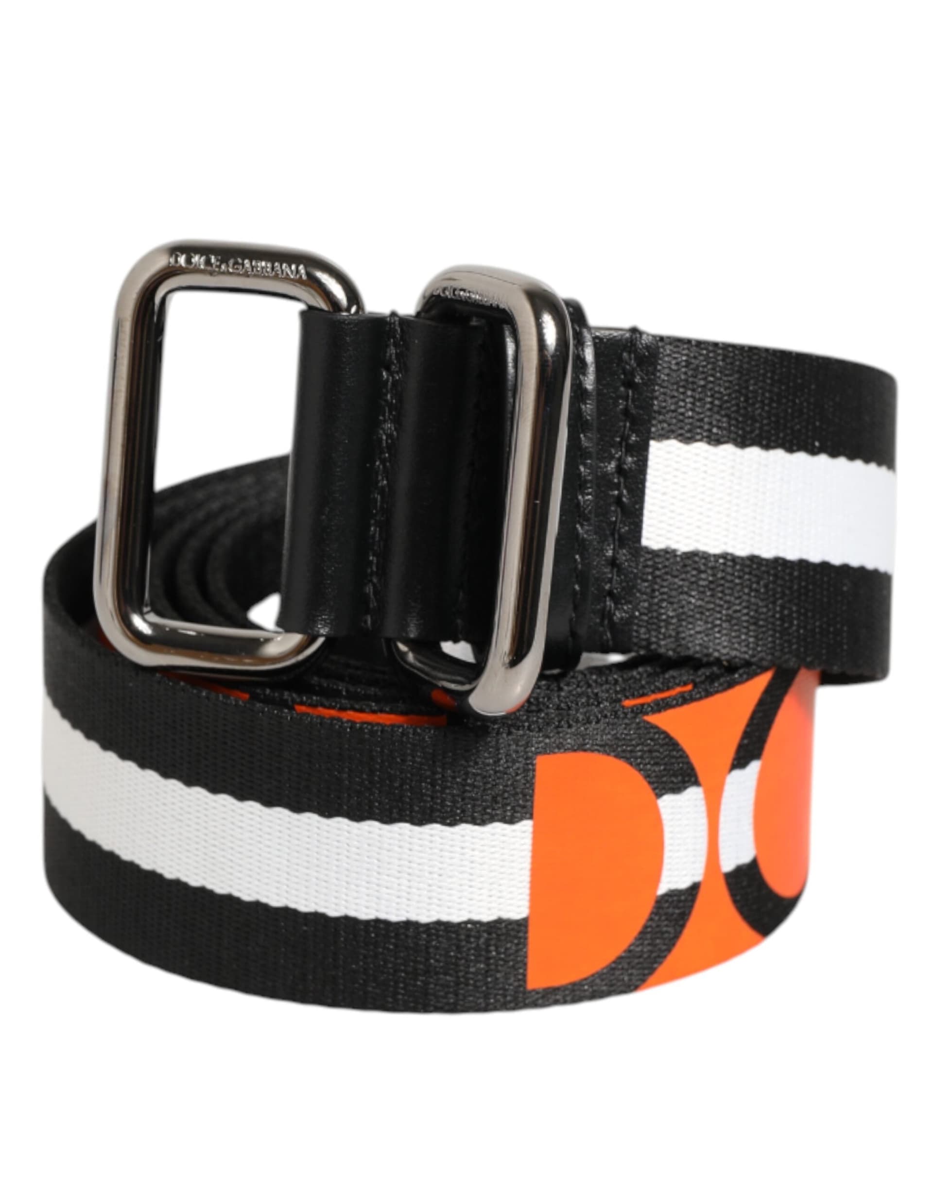 Dolce & Gabbana Black White Striped Logo Metal Buckle Belt - 2