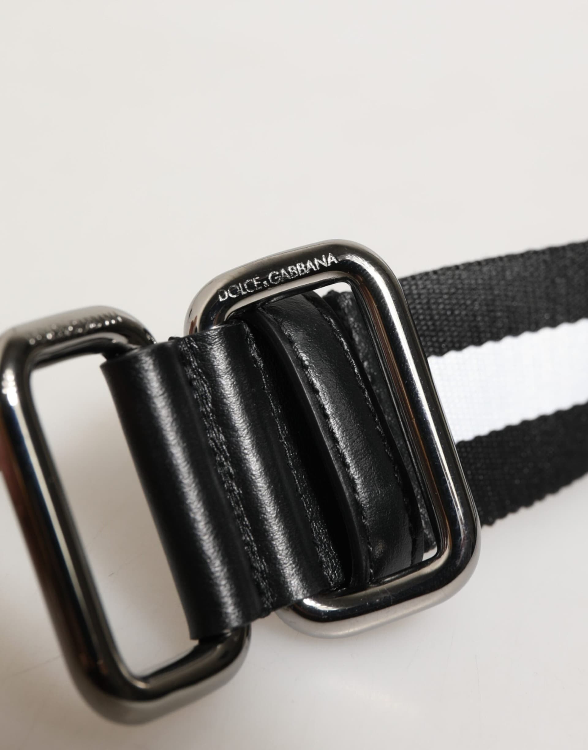 Dolce & Gabbana Black White Striped Logo Metal Buckle Belt - 3