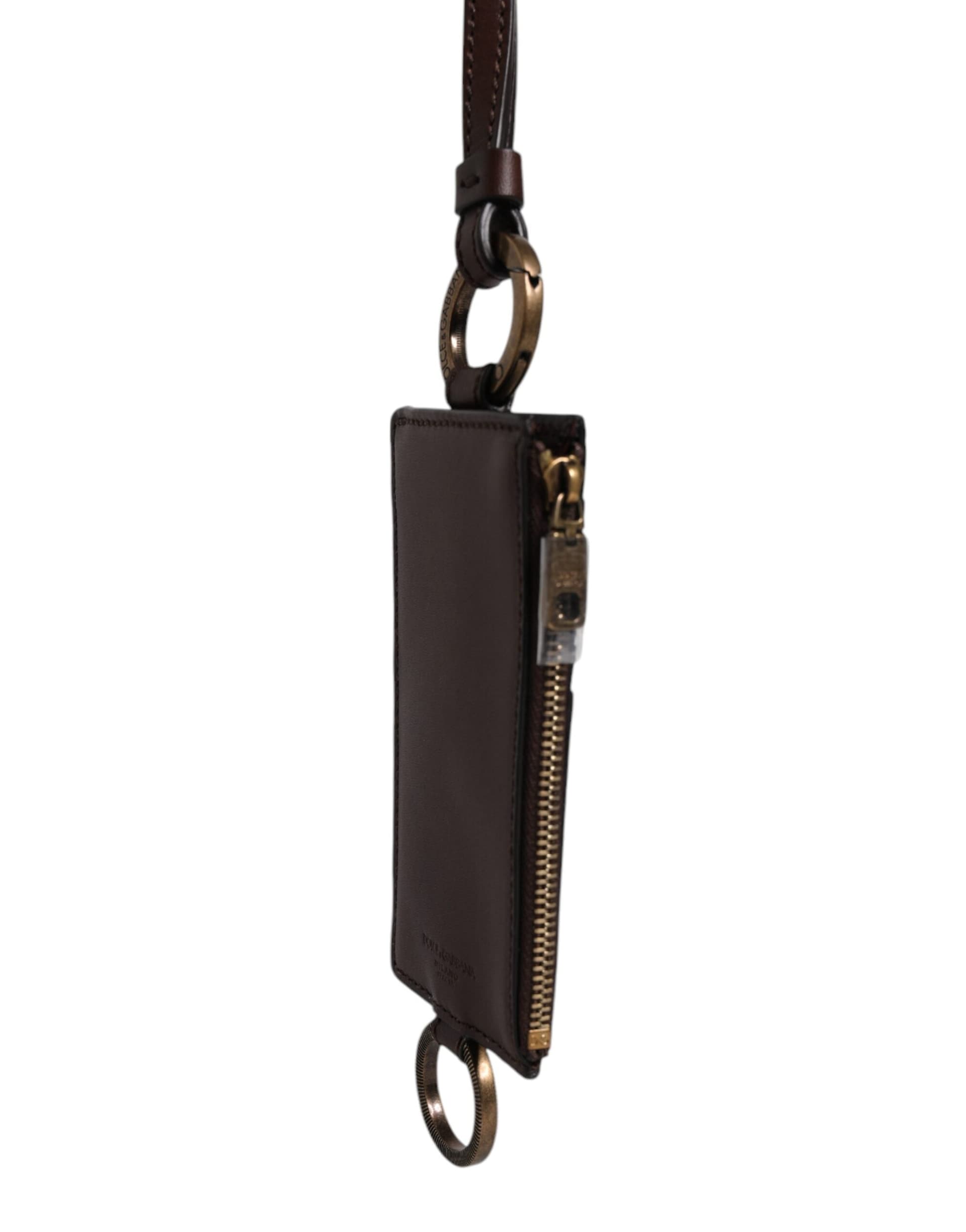 Dolce & Gabbana Brown Calf Leather Lanyard Logo Card Holder Wallet - 3