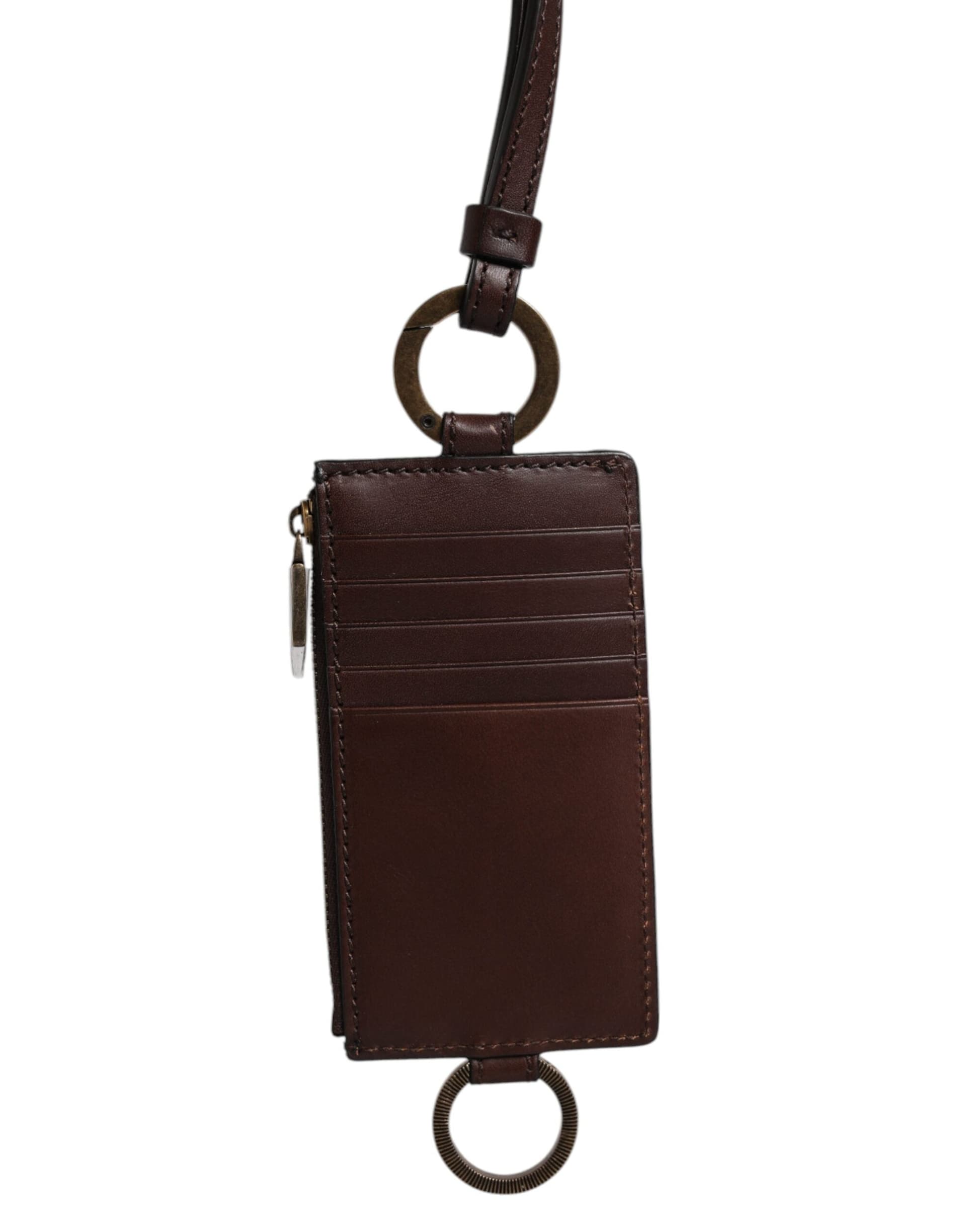 Dolce & Gabbana Brown Calf Leather Lanyard Logo Card Holder Wallet - 4