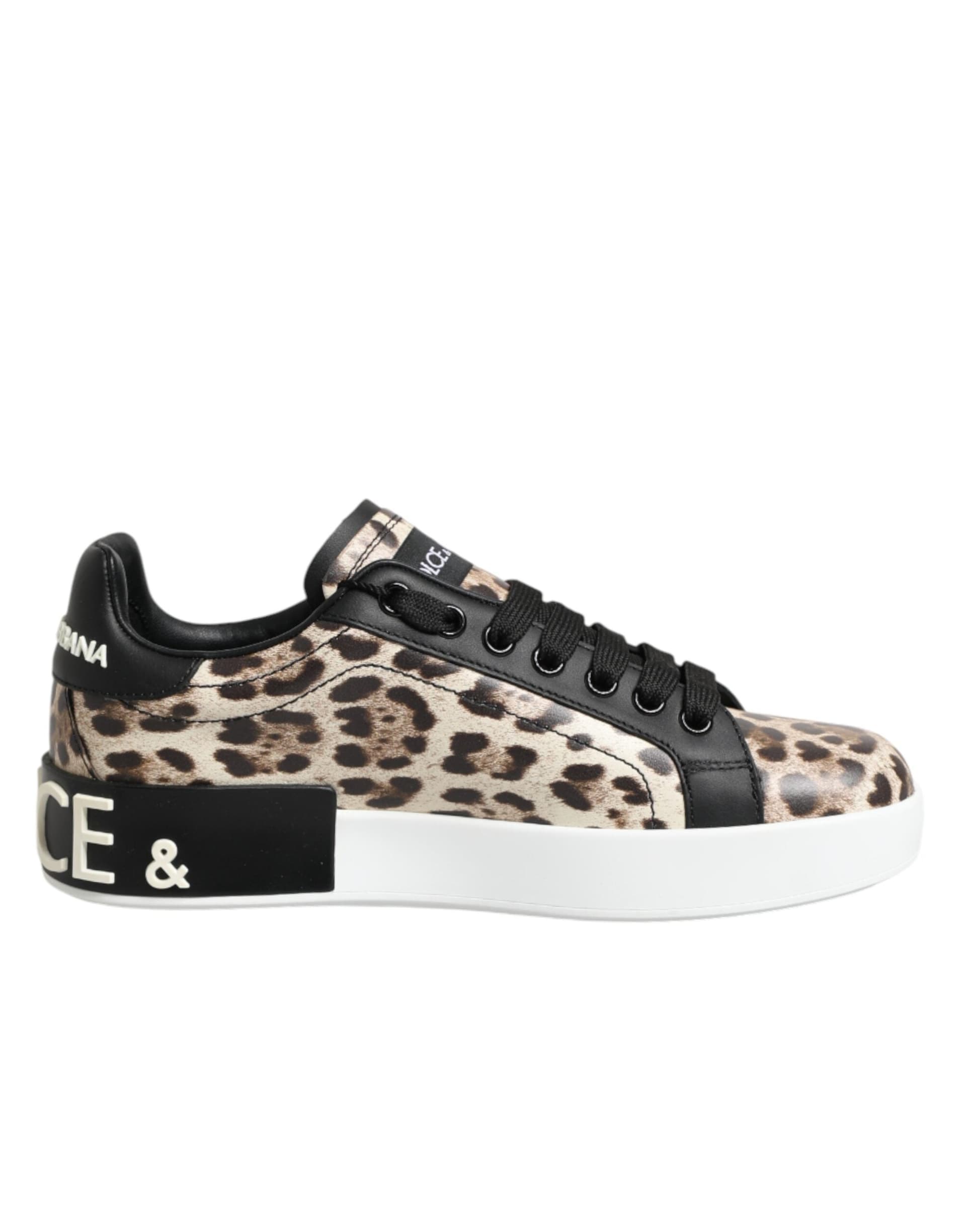 Dolce & Gabbana Brown Leather Leopard Low Top Sneakers Shoes - 7