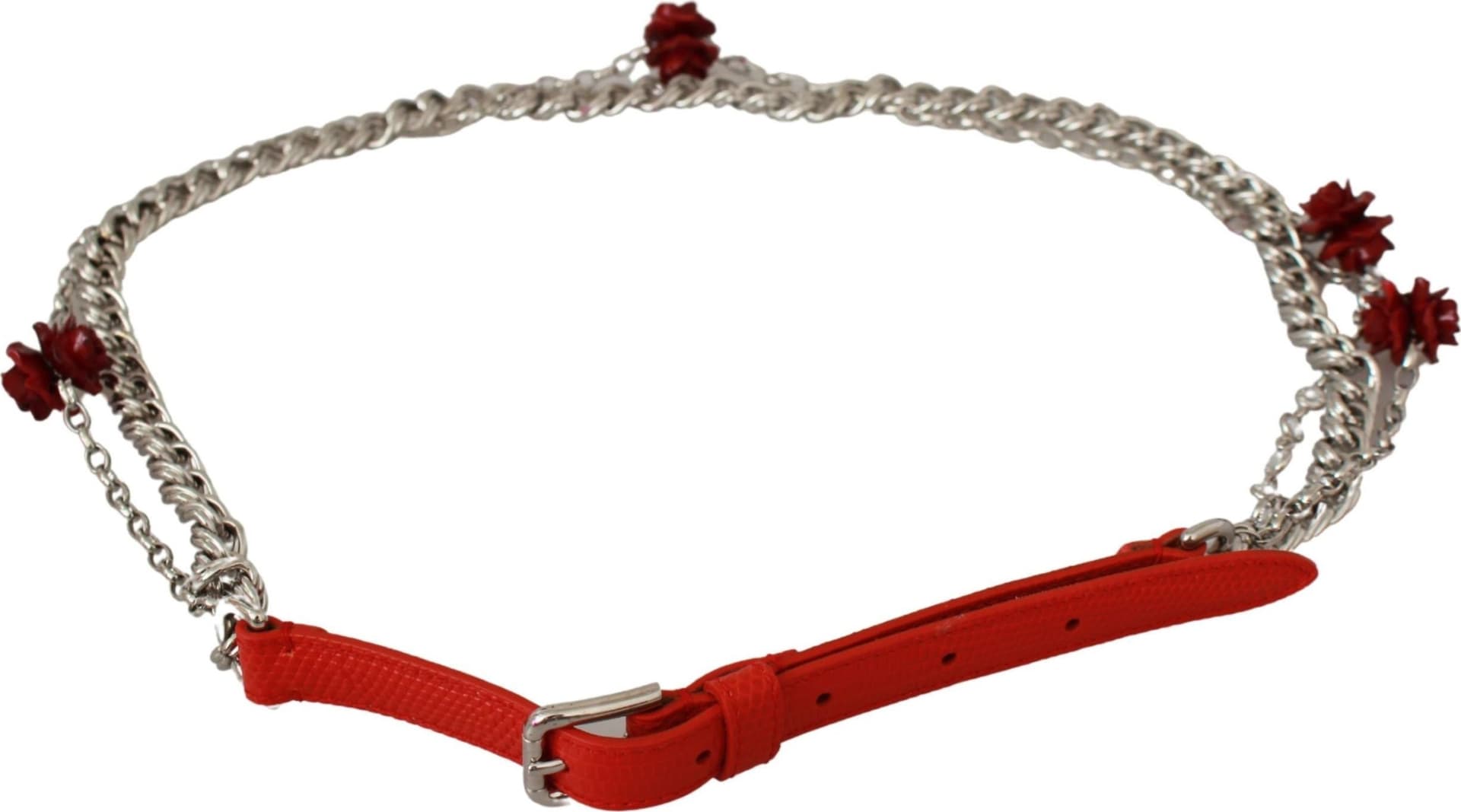 Dolce & Gabbana Red Leather Roses Floral Silver Waist Belt - 2