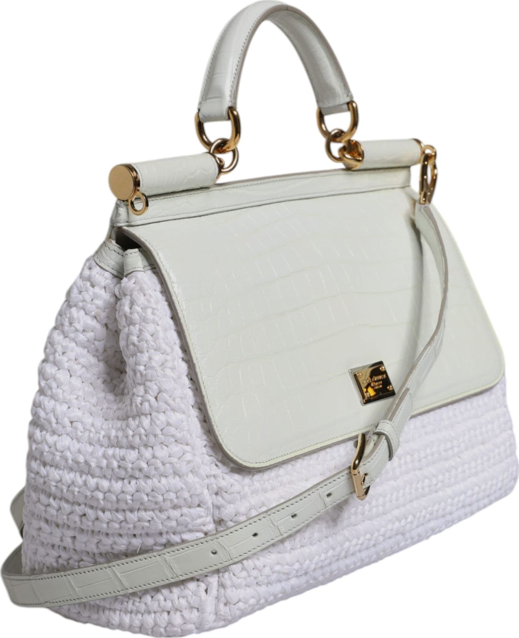 Dolce & Gabbana White Rafia Leather Top Handle Crossbody Bag - 4