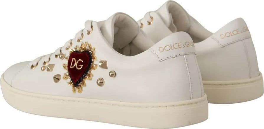 Dolce & Gabbana White Leather Gold Red Heart Sneakers Shoes - 2