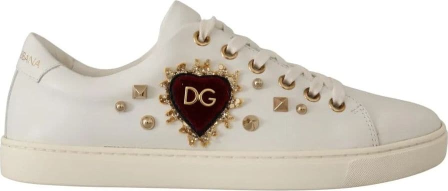 Dolce & Gabbana White Leather Gold Red Heart Sneakers Shoes - 4