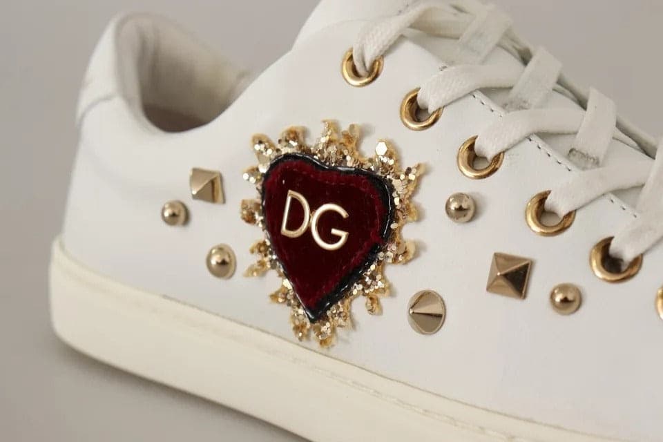 Dolce & Gabbana White Leather Gold Red Heart Sneakers Shoes - 7
