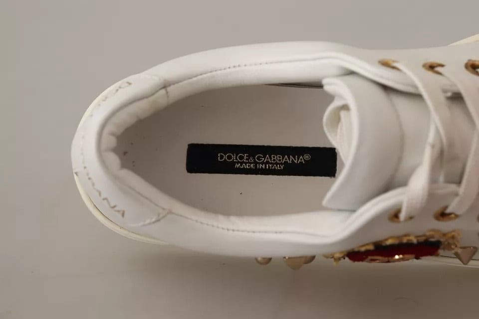 Dolce & Gabbana White Leather Gold Red Heart Sneakers Shoes - 8