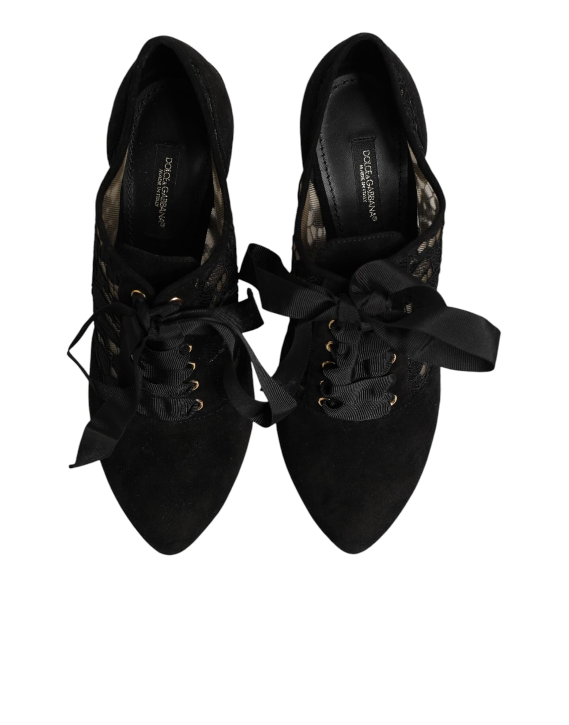 Dolce & Gabbana Black Floral High Heels LACE-UPS Pumps Shoes - 2