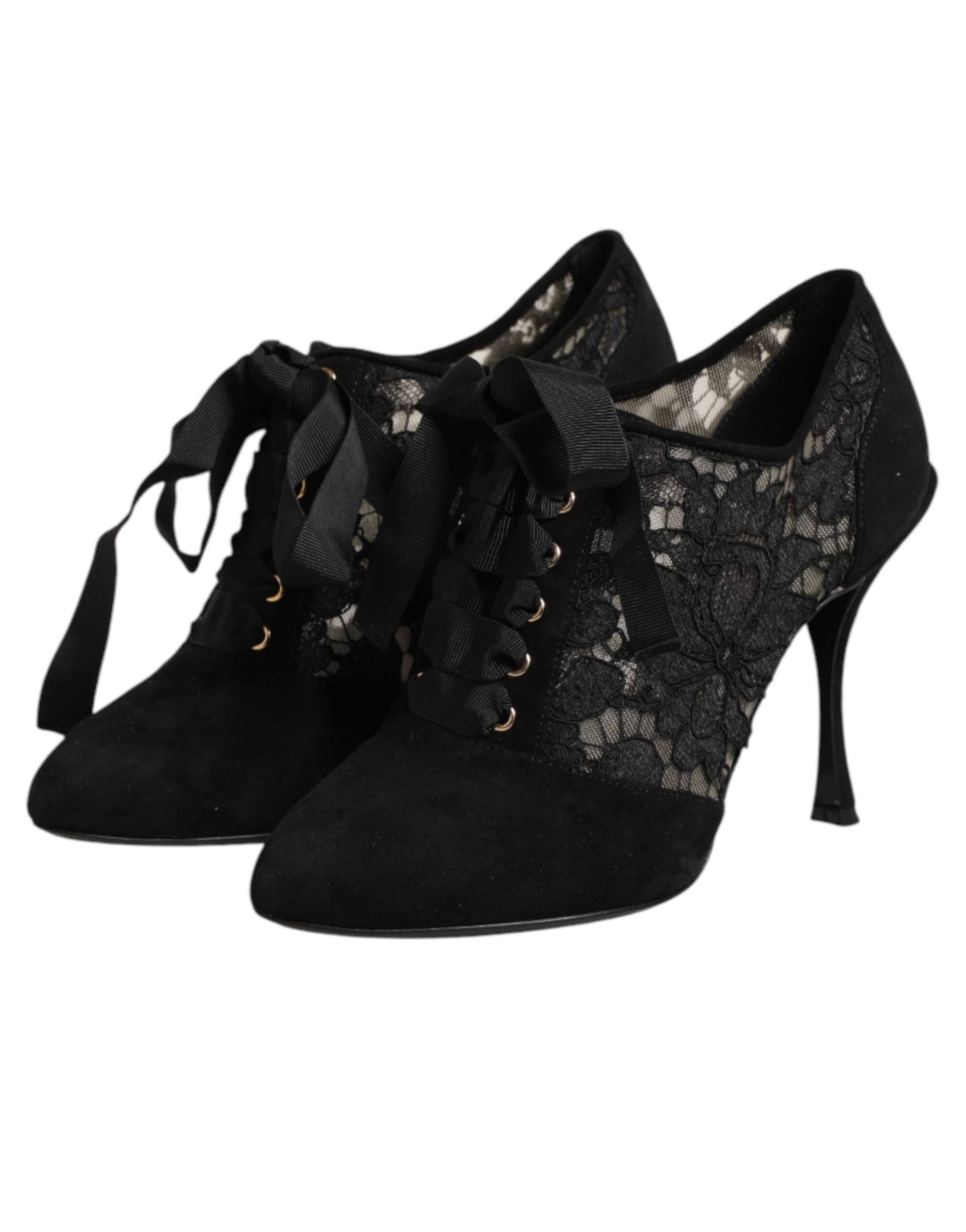 Dolce & Gabbana Black Floral High Heels LACE-UPS Pumps Shoes - 3
