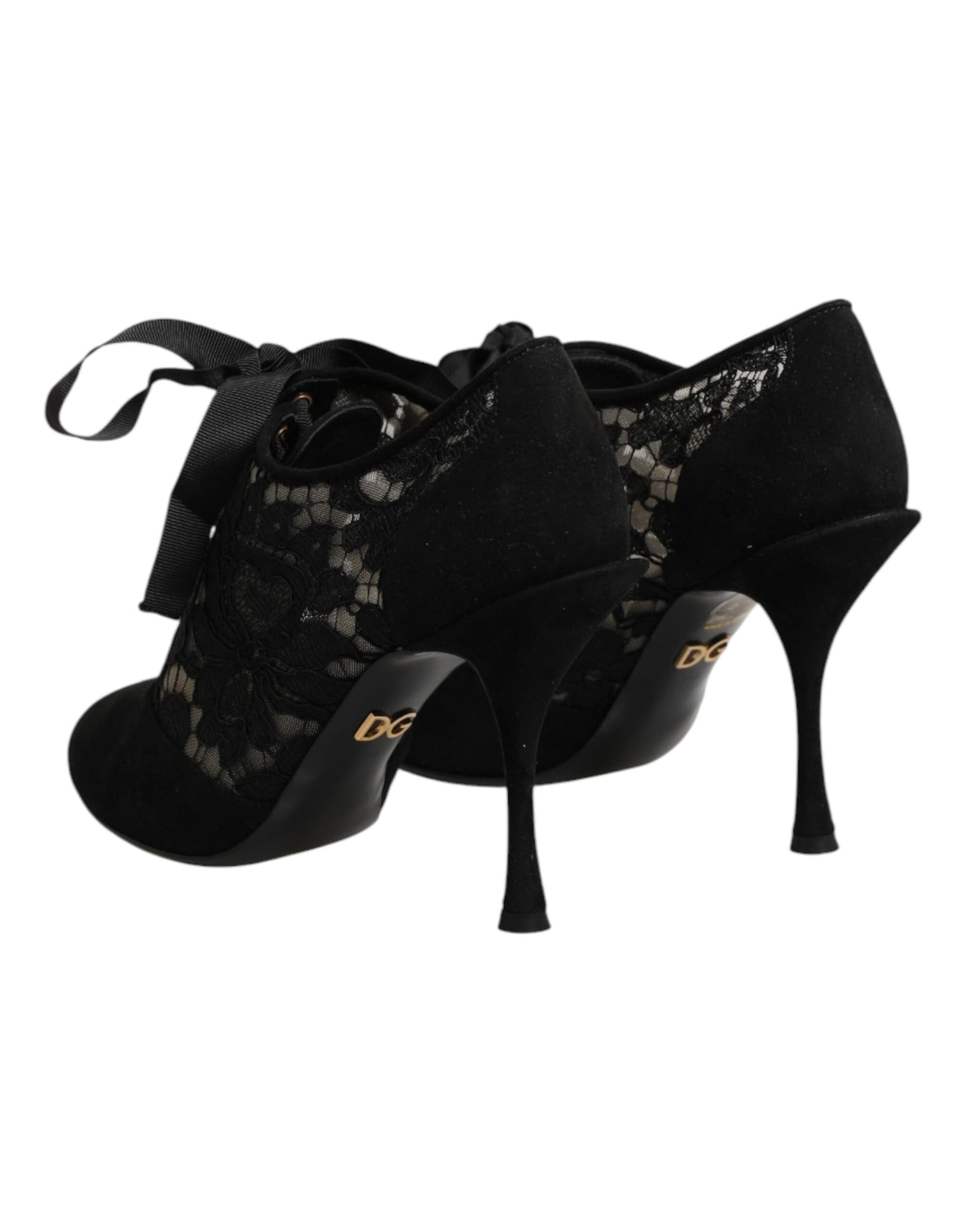 Dolce & Gabbana Black Floral High Heels LACE-UPS Pumps Shoes - 4