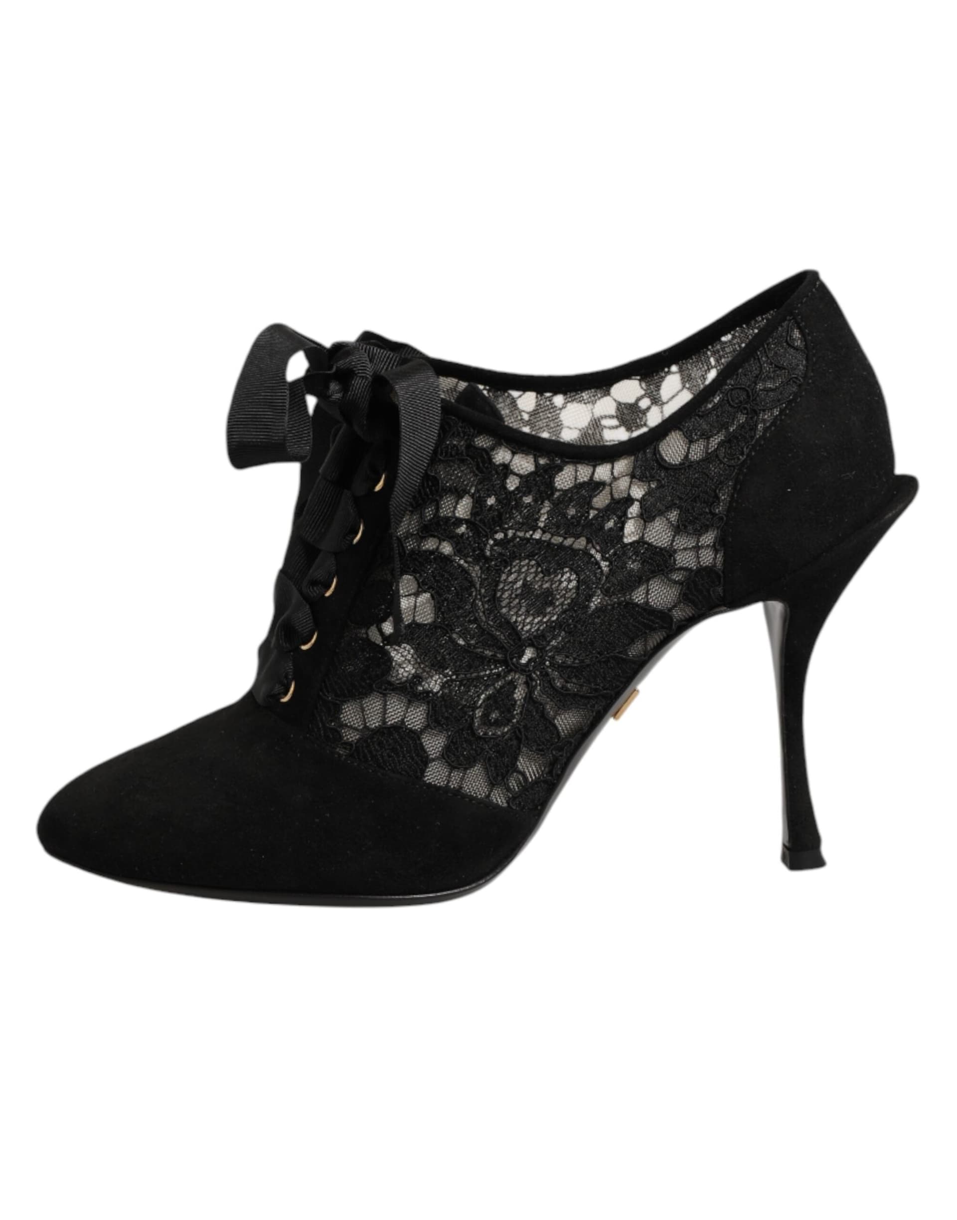 Dolce & Gabbana Black Floral High Heels LACE-UPS Pumps Shoes - 5