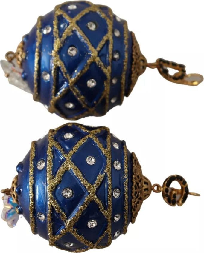 Dolce & Gabbana Gold Brass Blue Christmas Ball Crystal Hook Jewelry Earrings - 2