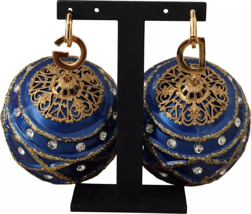 Dolce & Gabbana Gold Brass Blue Christmas Ball Crystal Hook Jewelry Earrings - 7